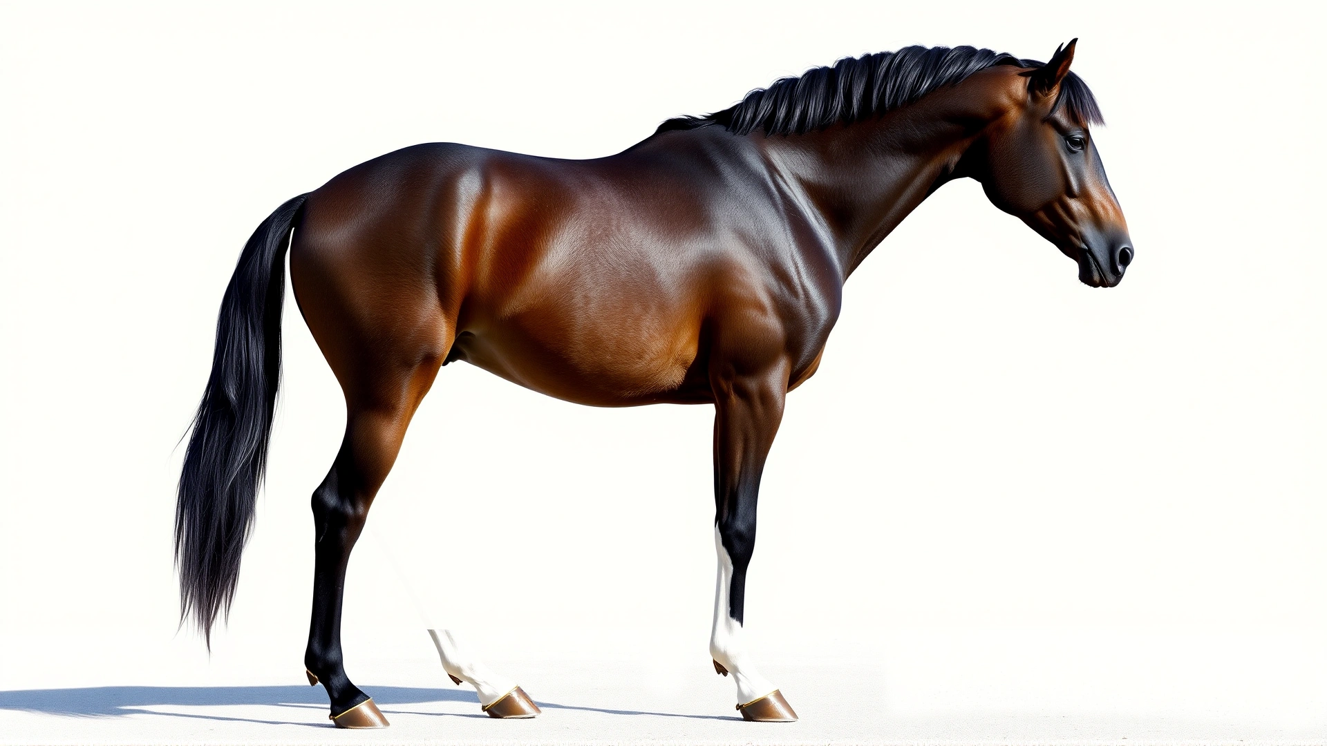 Side profile of a well-groomed Holsteiner horse standing square on a level surface, highlighting muscular build and arched neck