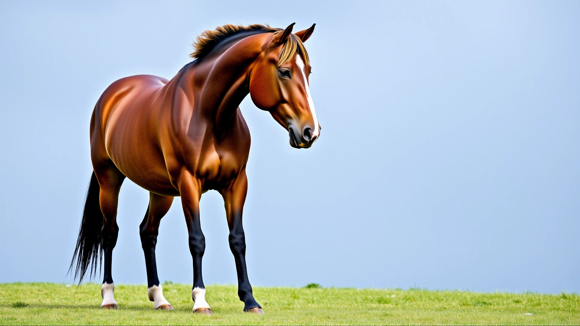 Side profile of a Lusitano stallion standing square on a grassy field, highlighting muscular build and arched neck.