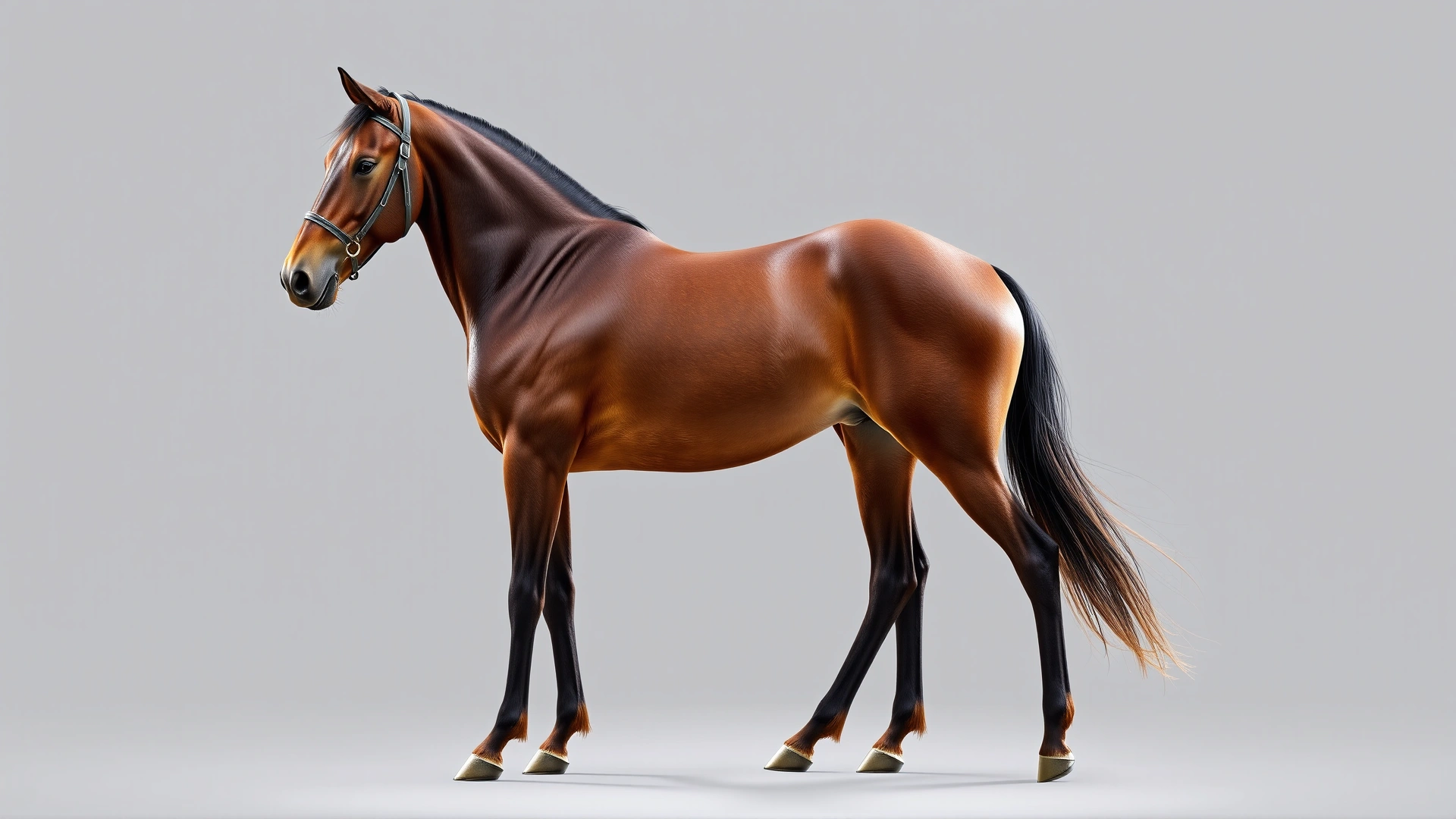 Full-body shot of a well-groomed Morab horse in a show stance, handler holding lead rope, neutral background, no text