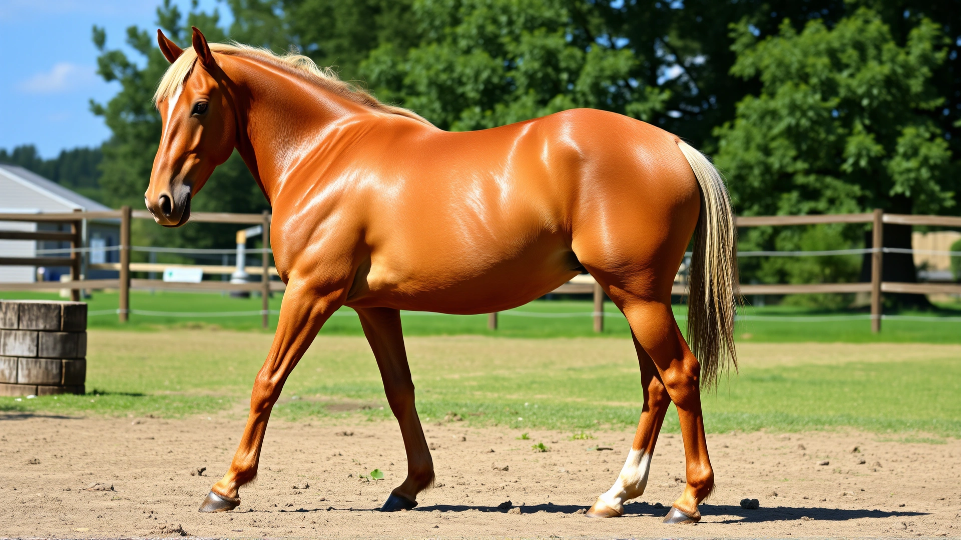 Side profile of a French Cob horse standing square in a paddock, clear view of its compact muscular body and strong legs, sunny day, high-resolution photo