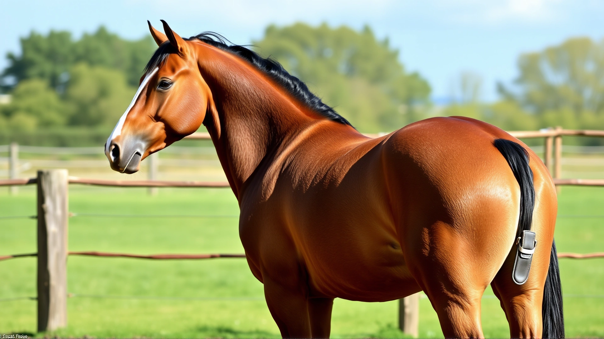Side profile photo of a well-groomed French Anglo-Arab horse standing square in a paddock, showing its conformation and muscular build, no text.
