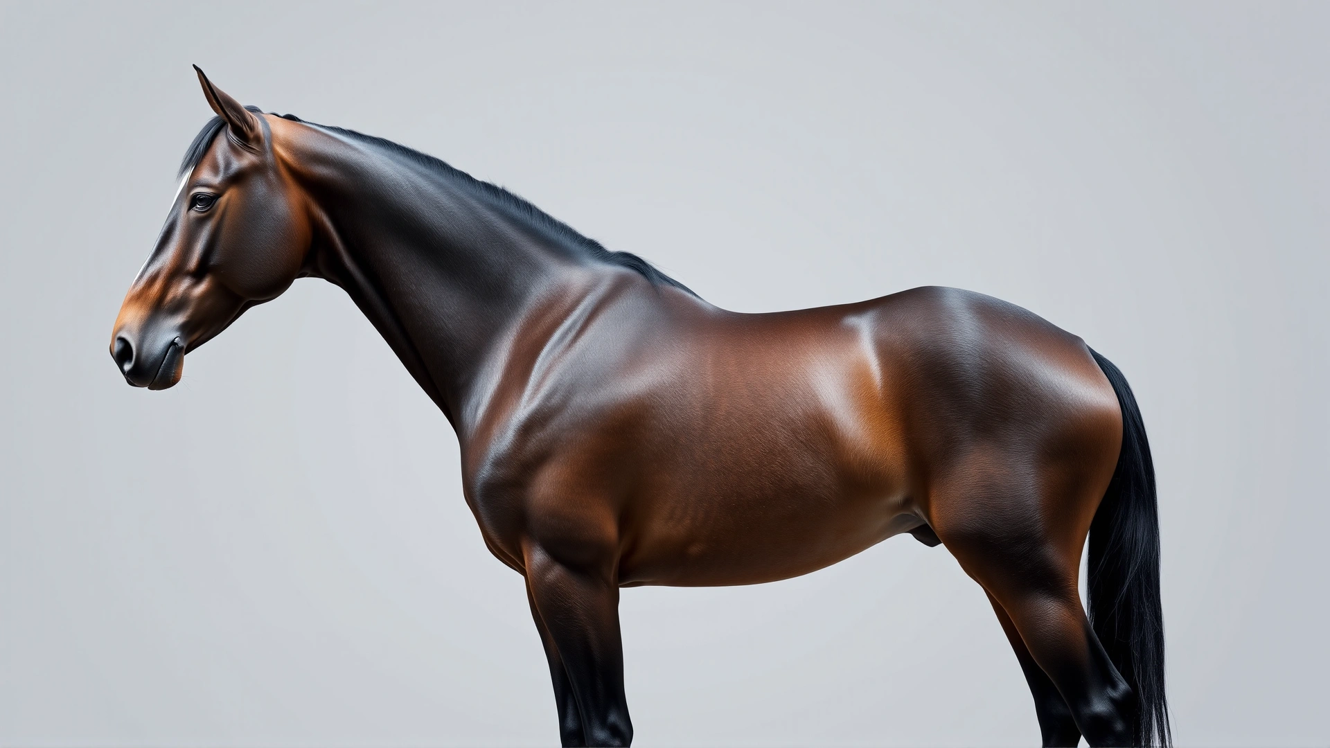 Side profile studio photograph of an English Thoroughbred standing square on a neutral background, highlighting its conformation.