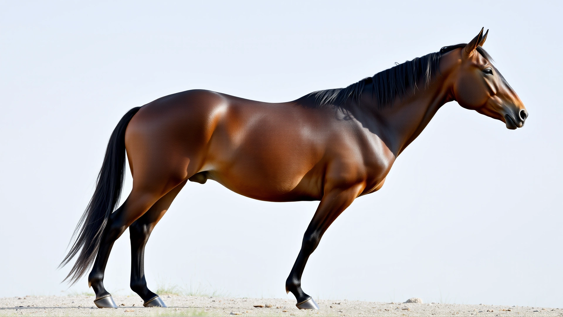 Full side profile of a bay Galiceño horse standing on level ground, emphasizing compact build, short back, and fine head, professional equine conformation photo