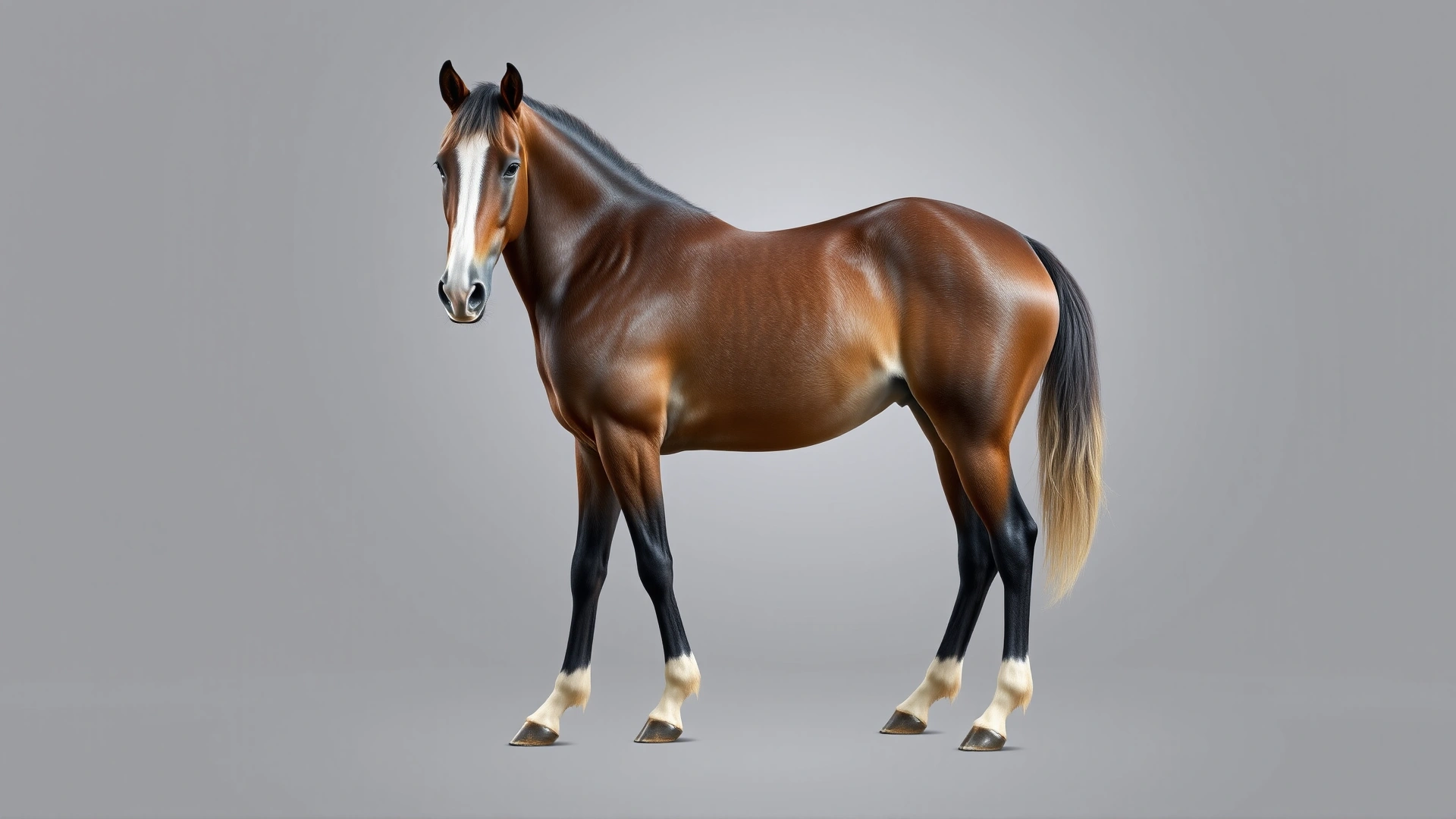 Side profile conformation shot of a well-groomed German Riding Pony standing square on a neutral background, highlighting physique