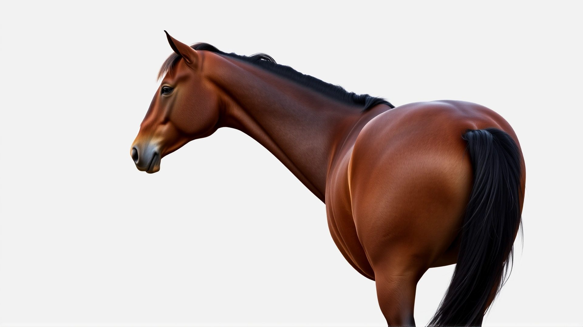 Side profile of an American Quarter Horse highlighting muscular hindquarters and broad chest, neutral background