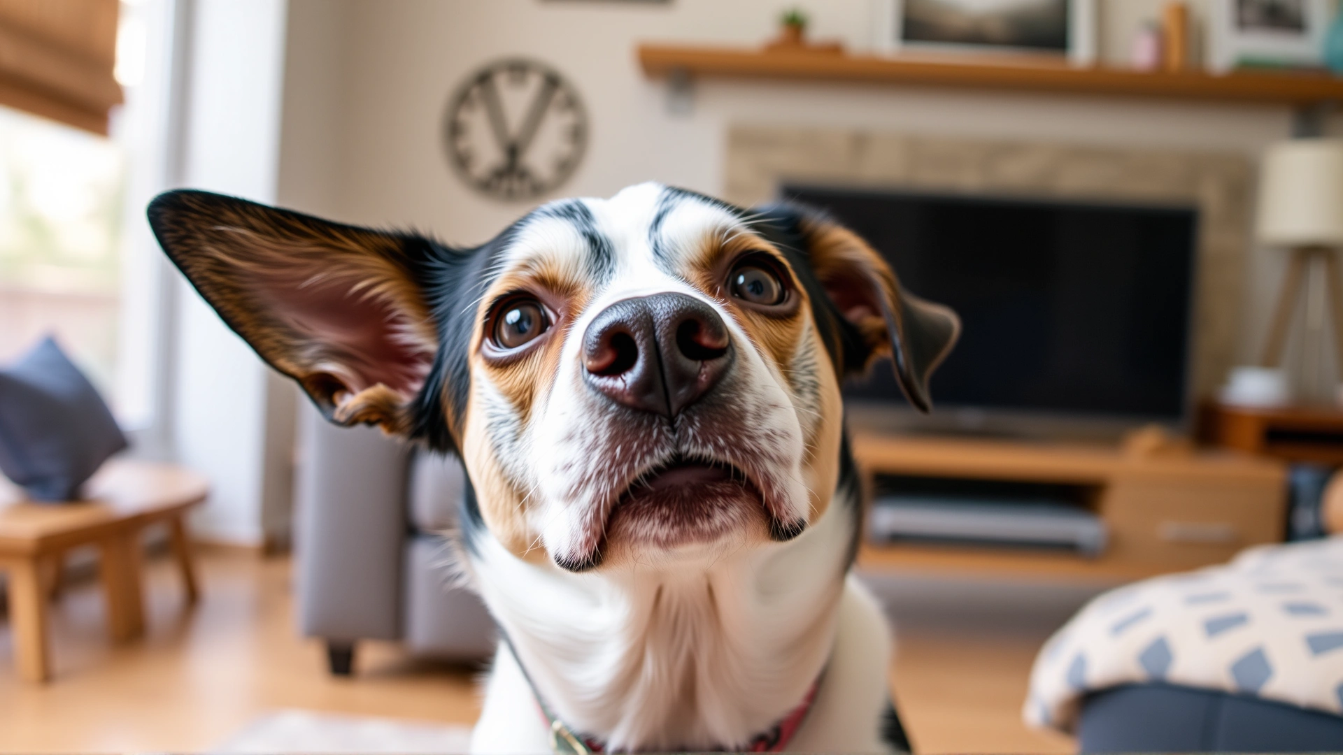 Dog tilting its head with a puzzled expression in a living room setting.
