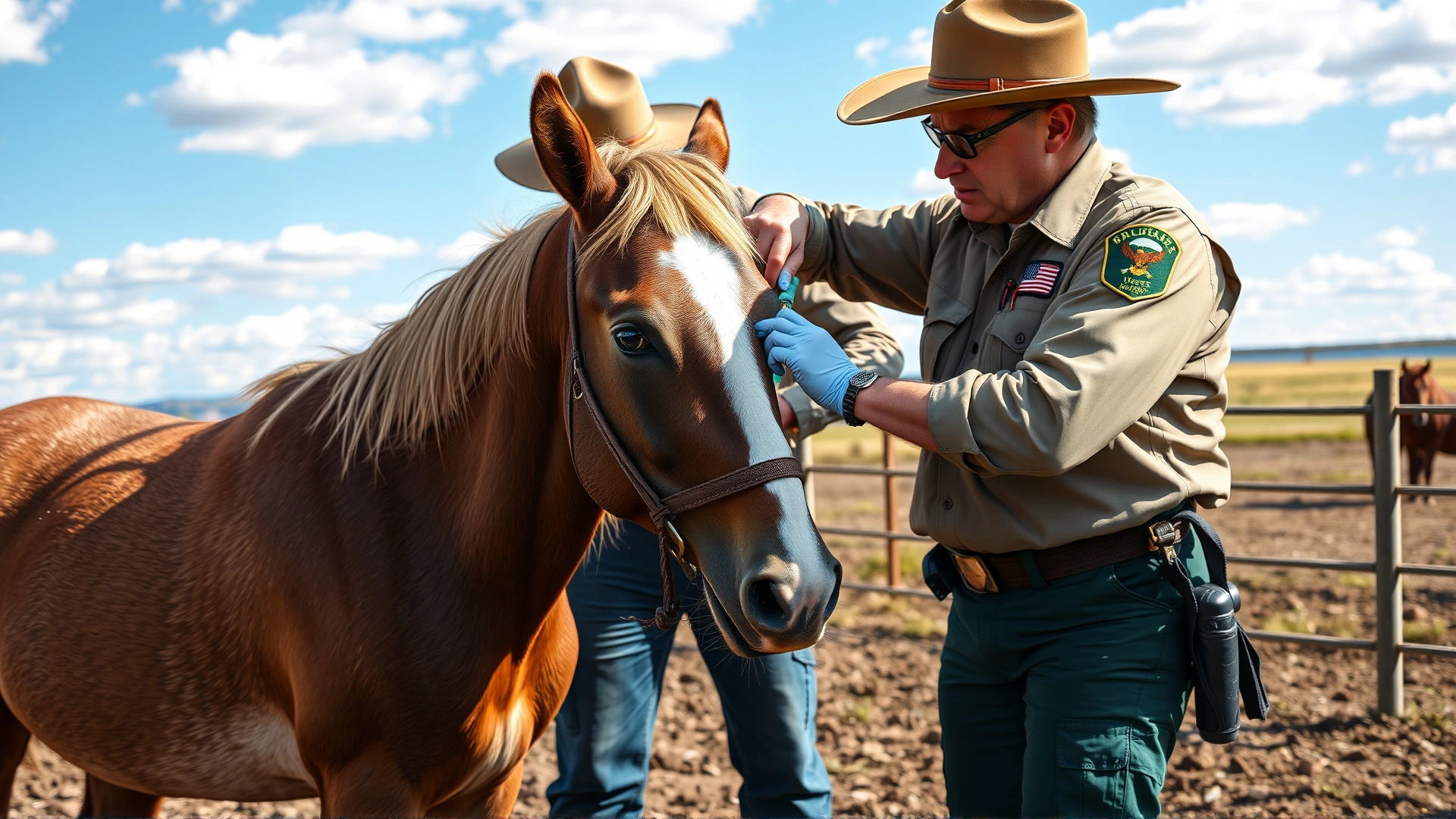 Wildlife rangers gently administering contraceptive vaccine to a restrained wild horse in an open corral, educational scene, no text