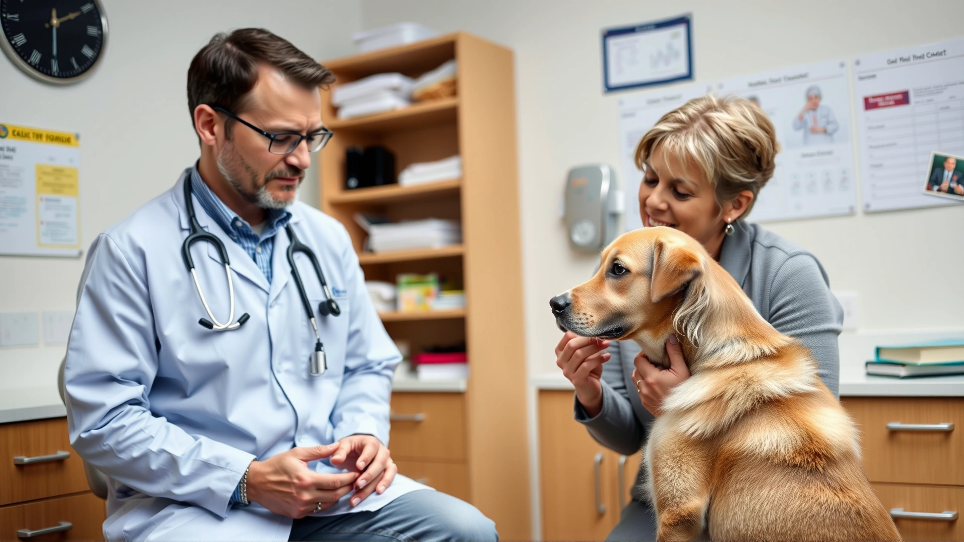 A veterinary behaviorist in a clinic discussing a dog’s behavior chart with the owner while gently observing the dog.