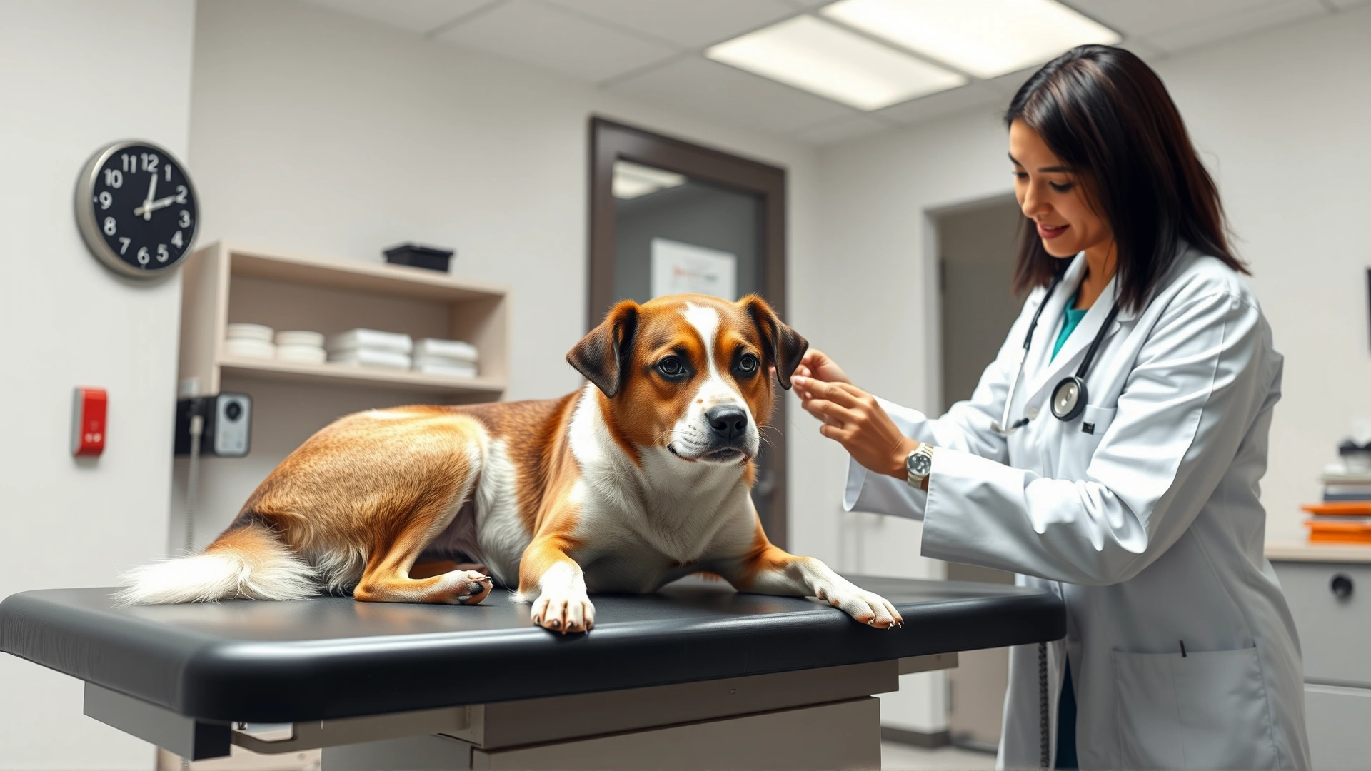 Veterinarian in white coat gently examining a medium-sized dog on an exam table, modern clinic setting