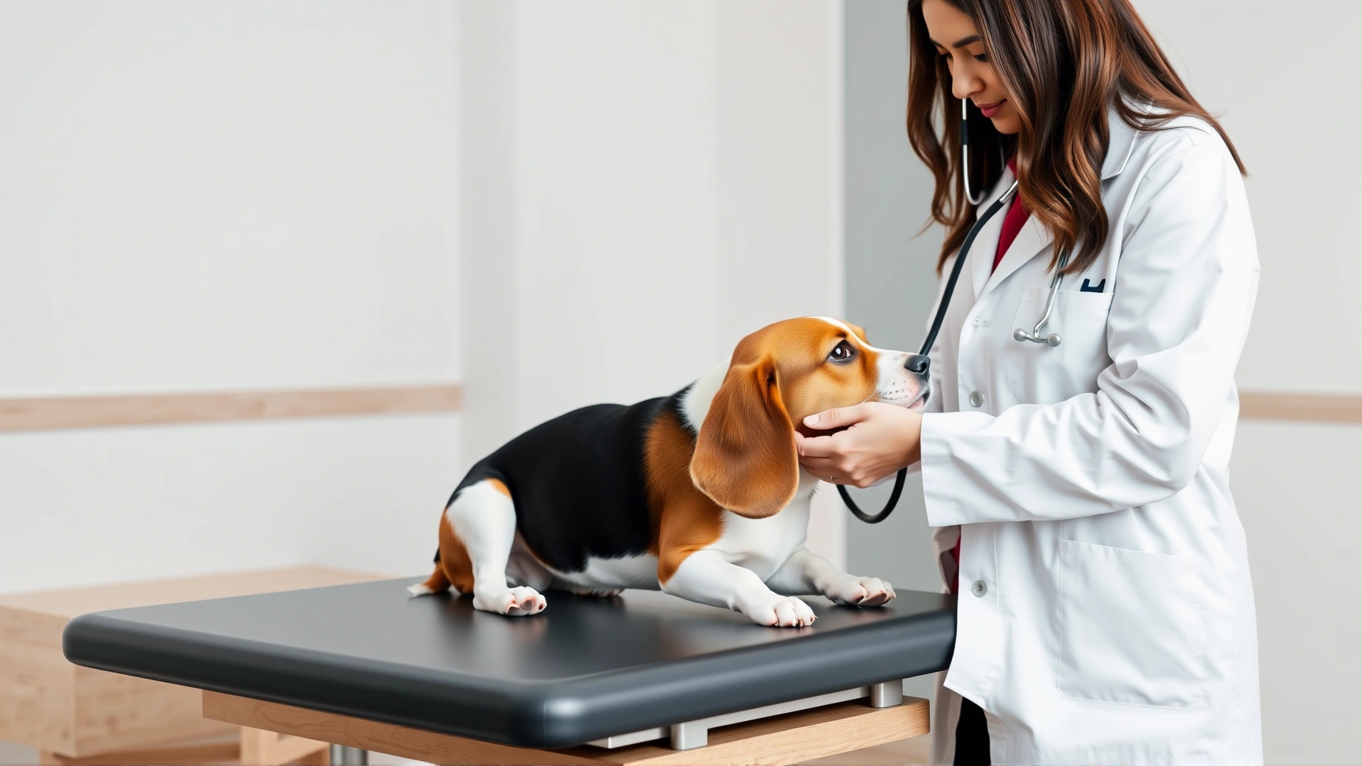 Veterinarian in white coat gently examining a Beagle on an exam table with a stethoscope, modern clinic setting