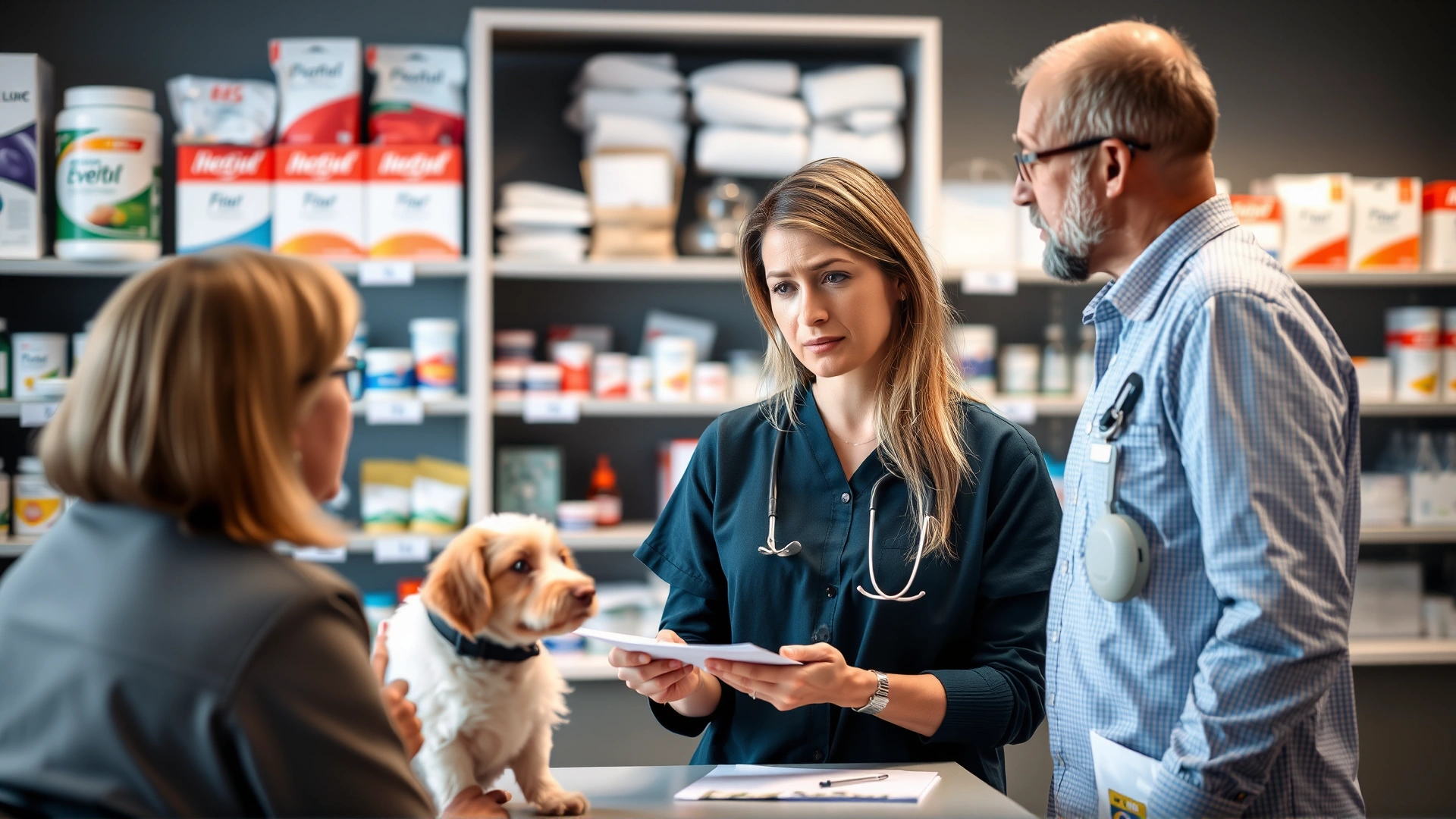 Female veterinarian in a modern clinic discussing medication options with a concerned pet owner, shelves of supplies blurred in background