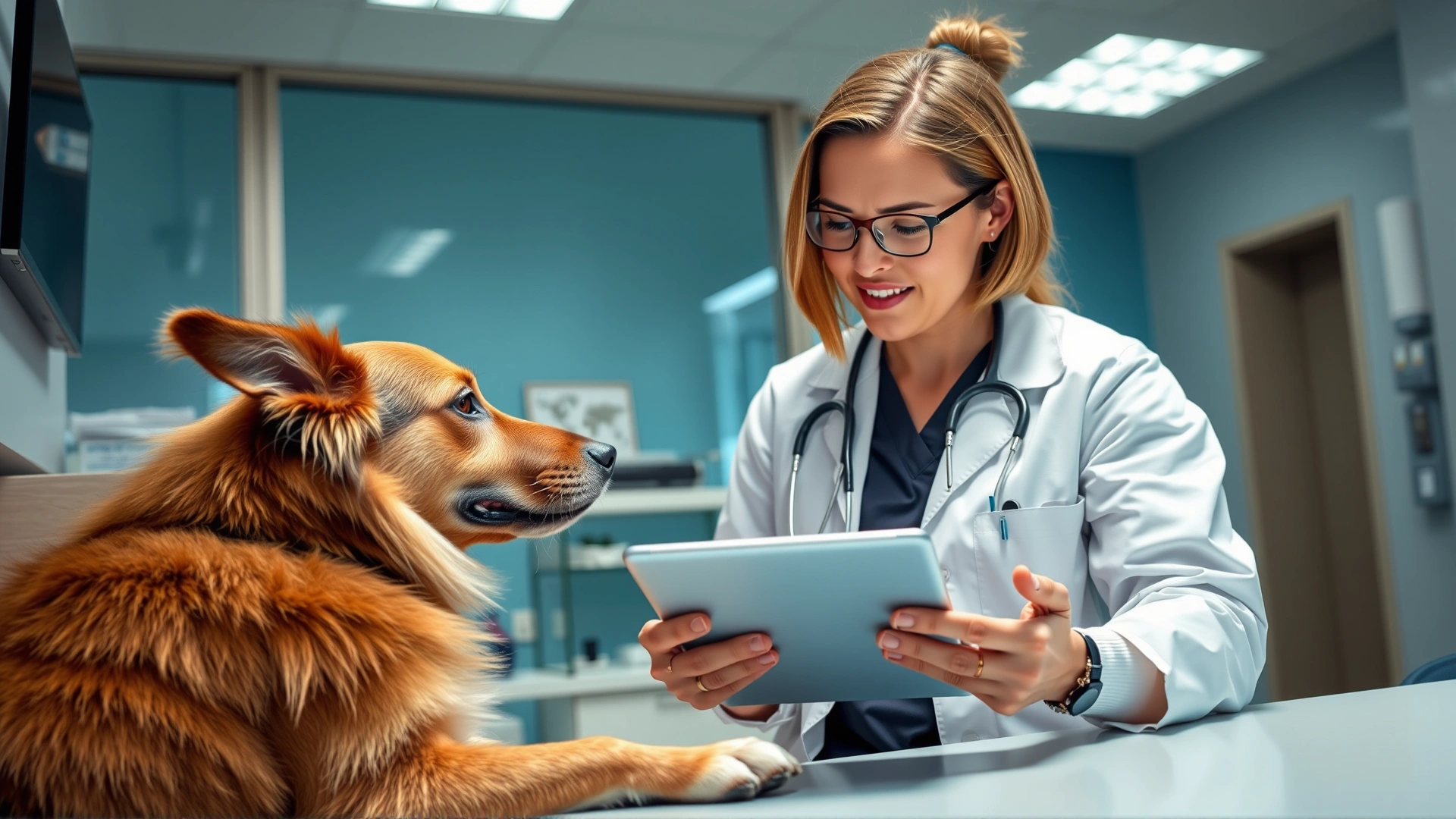 Dog owner discussing test results with a veterinarian inside a modern clinic, both looking at a tablet.