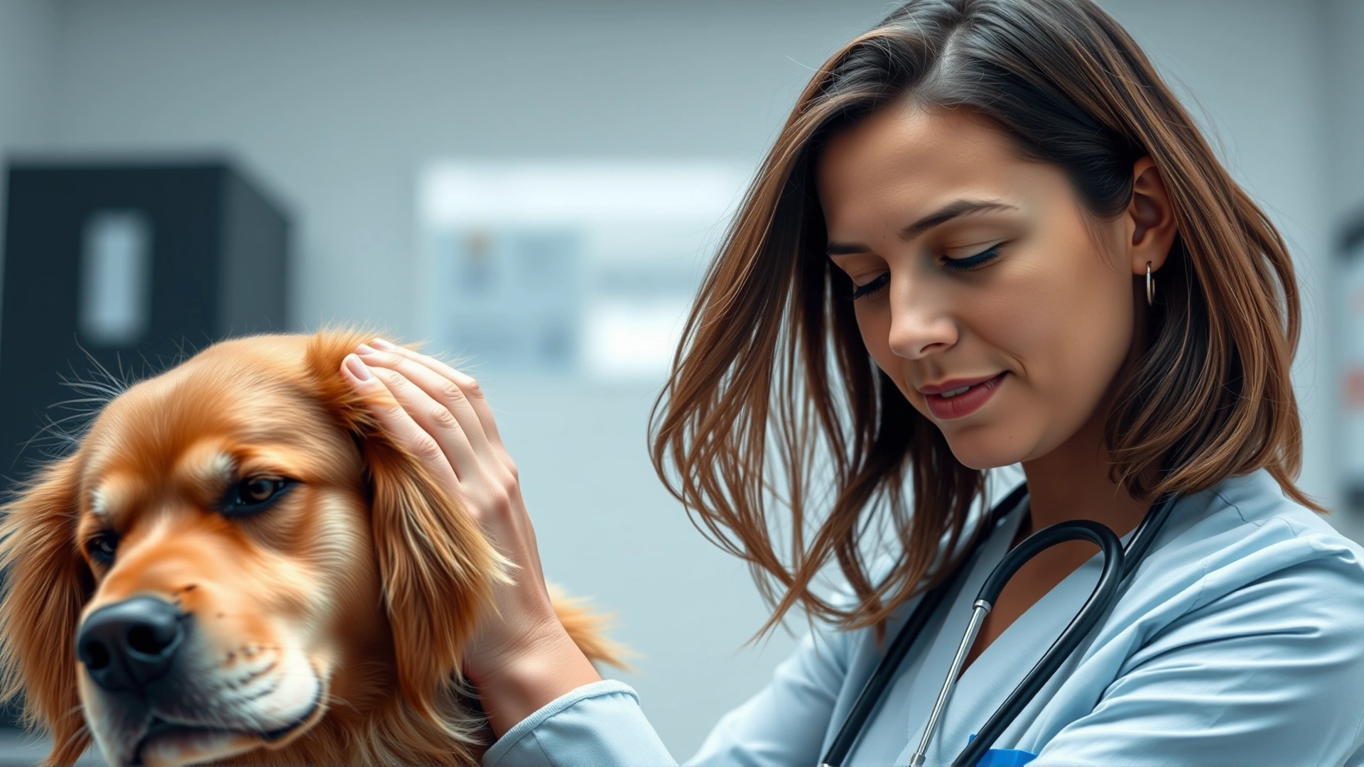 Veterinarian in a bright clinic gently examining a golden retriever's skin, stethoscope visible around the vet's neck.