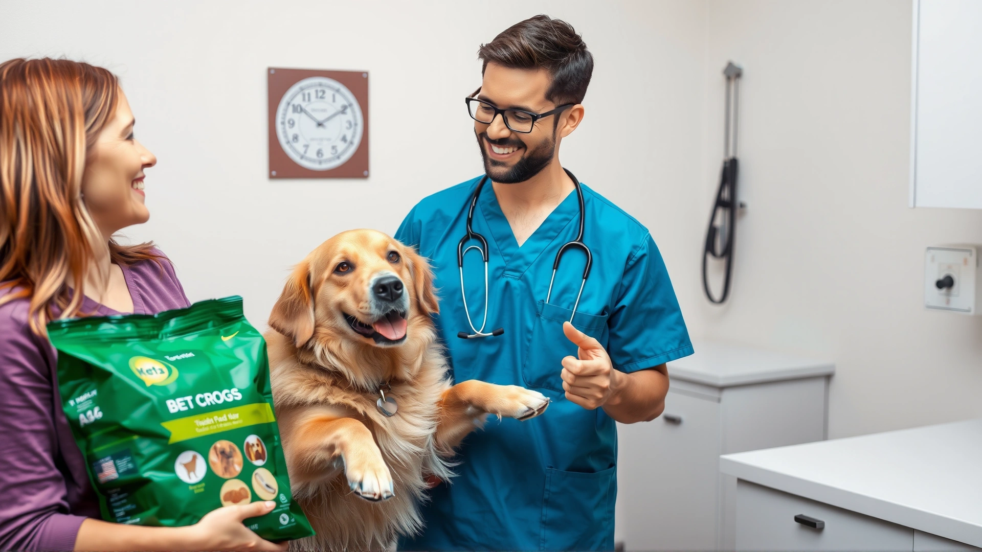 Smiling veterinarian in exam room pointing at a dog food bag while talking to a dog owner holding her Golden Retriever, professional clinical setting
