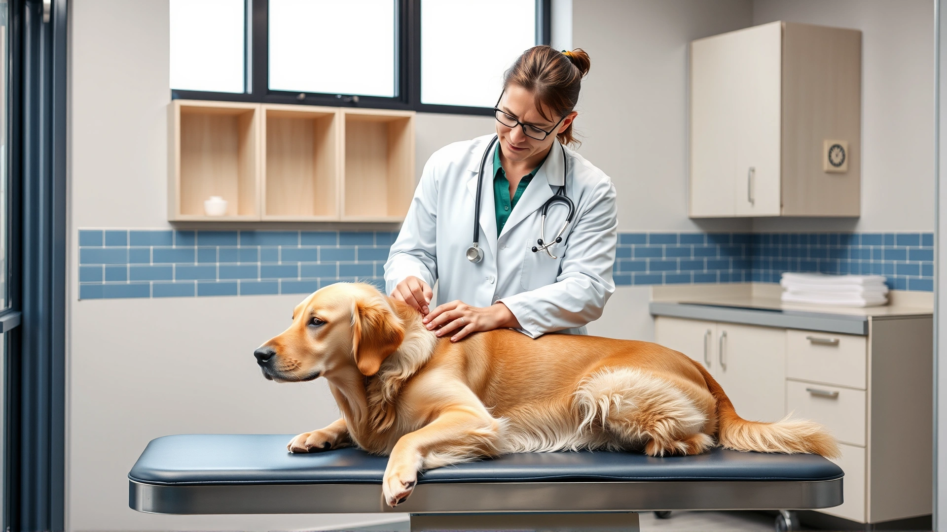 A veterinarian wearing a white coat gently examining a golden retriever on an exam table in a modern clinic.