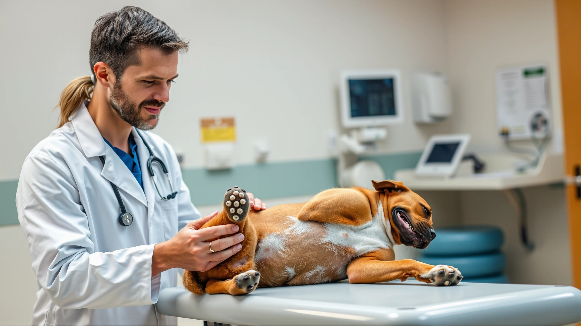 A veterinarian in a white coat examining a dog's bandaged paw on an examination table in a modern clinic, with medical equipment blurred in the background