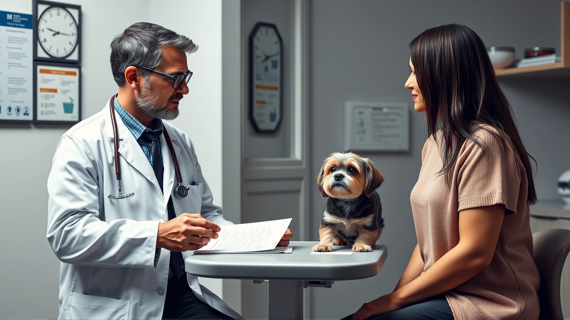 Veterinarian in white coat discussing nutrition plan with a dog owner in a clinic office, with a small dog sitting on the exam table between them.