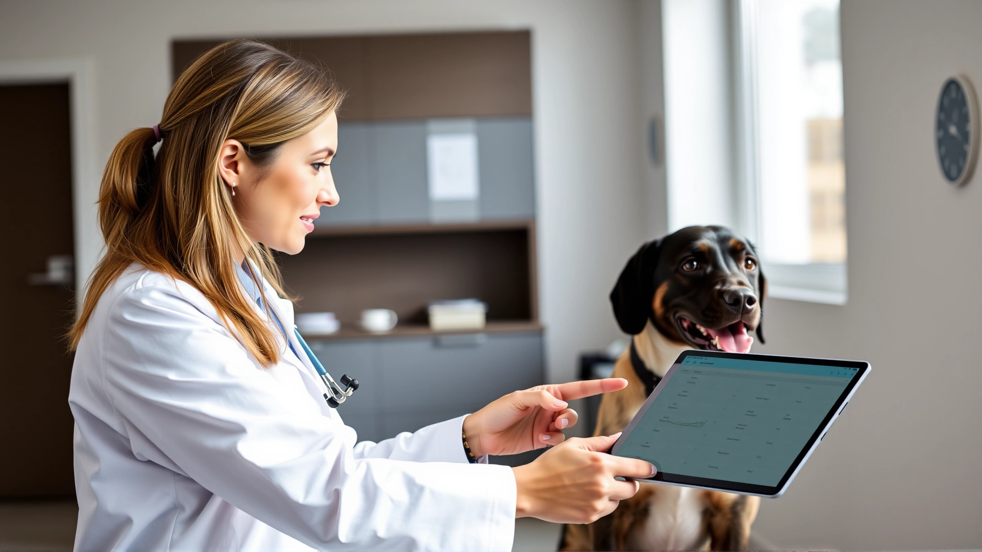 Female veterinarian in a white coat discussing a dog nutrition plan with a dog owner while pointing at a digital tablet in a bright clinic office, medium shot