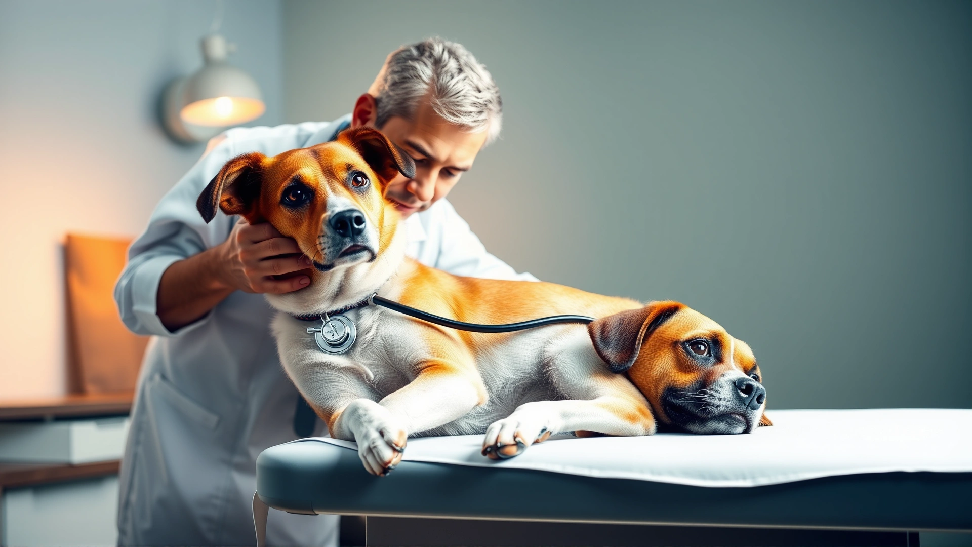 Kind veterinarian in a white coat gently examining a medium-sized dog on an exam table with stethoscope, warm clinic lighting