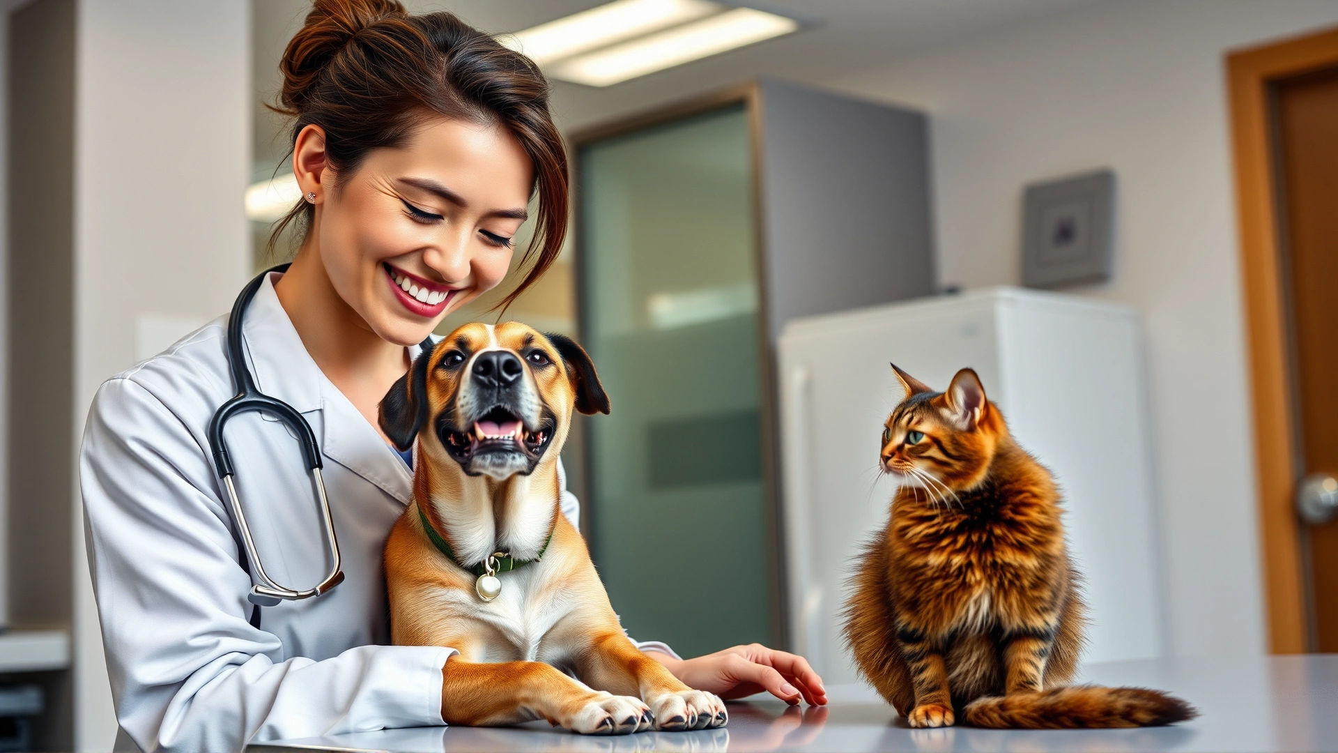 Smiling veterinarian in a modern clinic gently examining a medium-sized dog while a cat sits on the table.