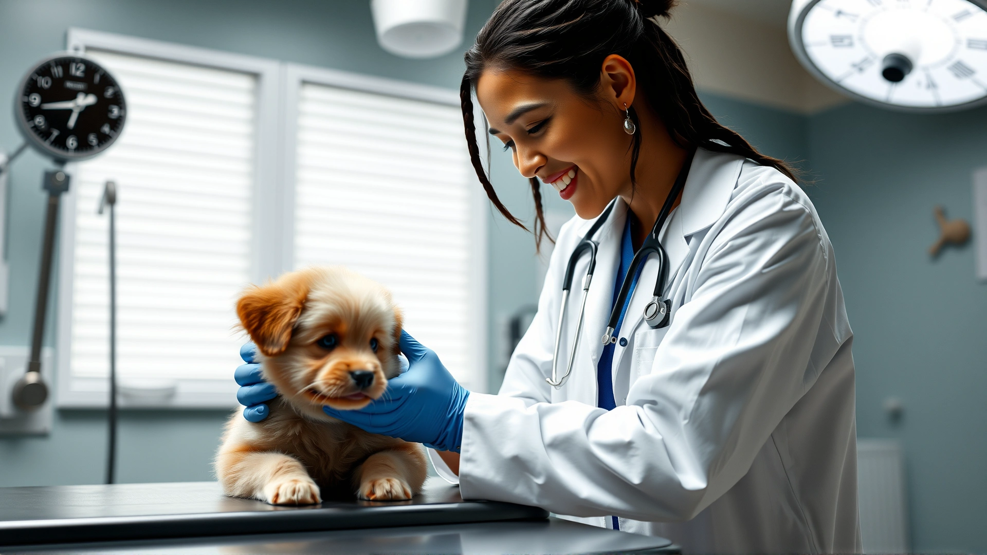 Smiling veterinarian in white coat examining a fluffy puppy on the exam table, bright veterinary clinic setting
