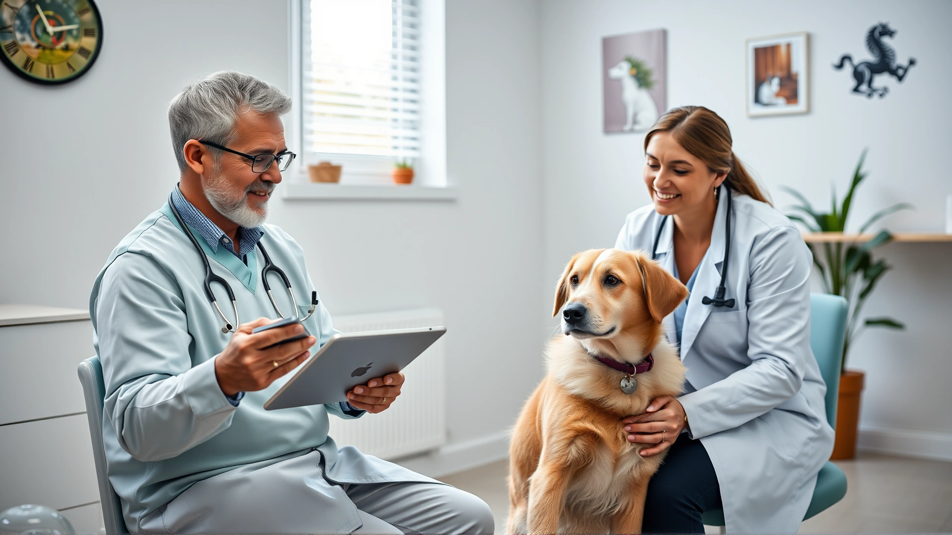 Middle-aged male veterinarian sitting with a digital tablet explaining treatment options to a young couple with their dog in a cozy consultation room