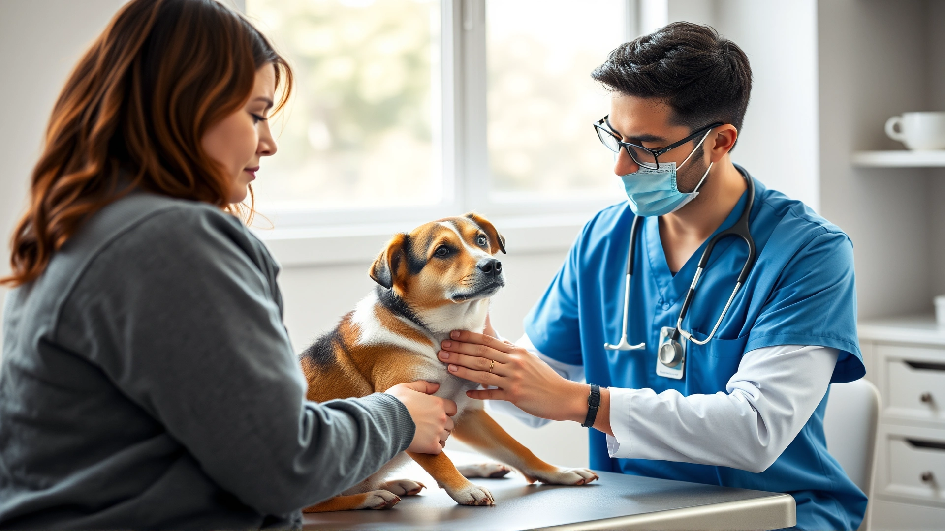 Mid-shot of a worried dog owner sitting at a veterinary exam table while a veterinarian gently examines a medium-sized mixed-breed dog. Bright clinic environment, natural lighting.