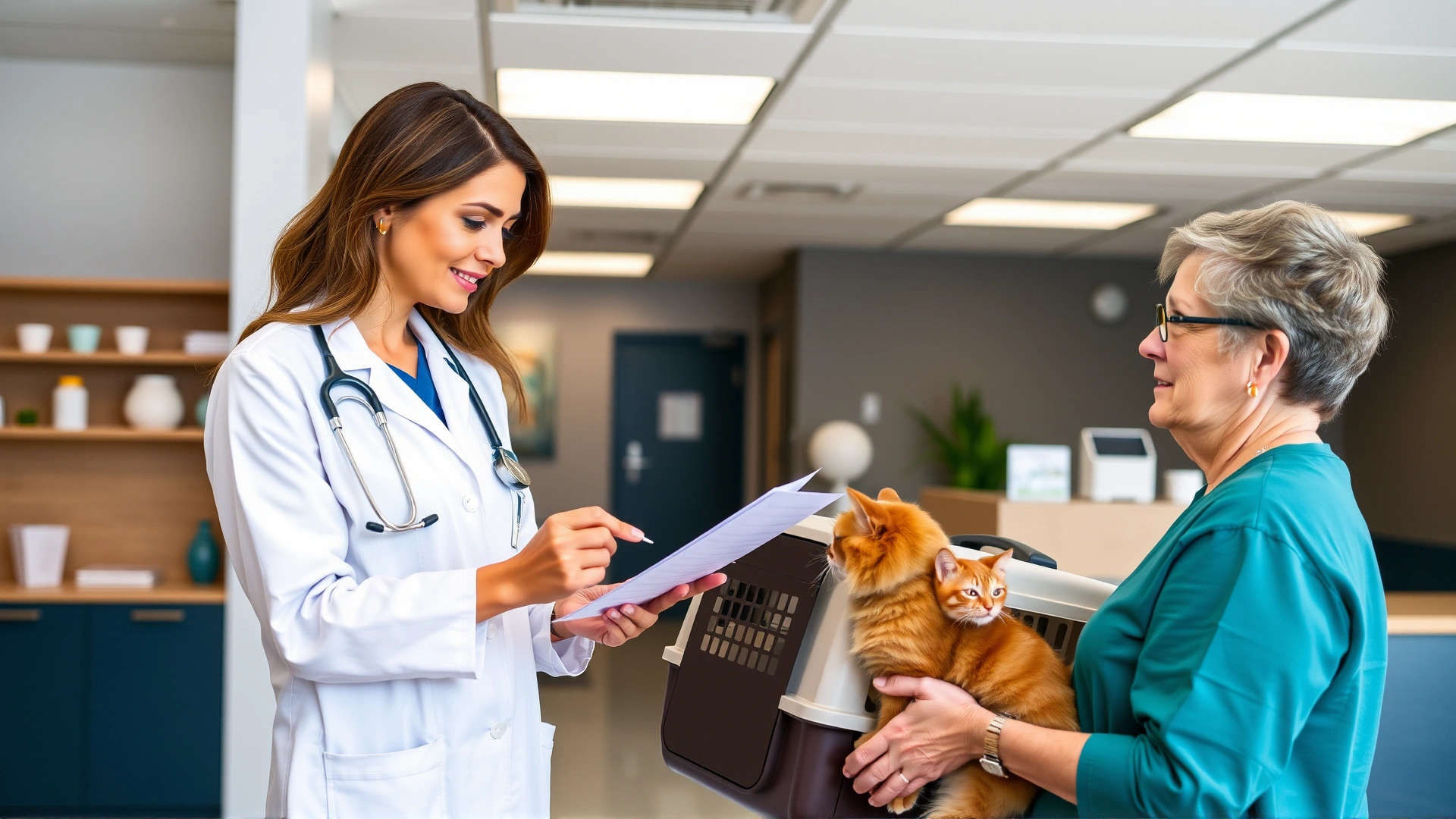 Female veterinarian discussing medication instructions with a pet owner holding a cat carrier in a modern veterinary clinic reception area.