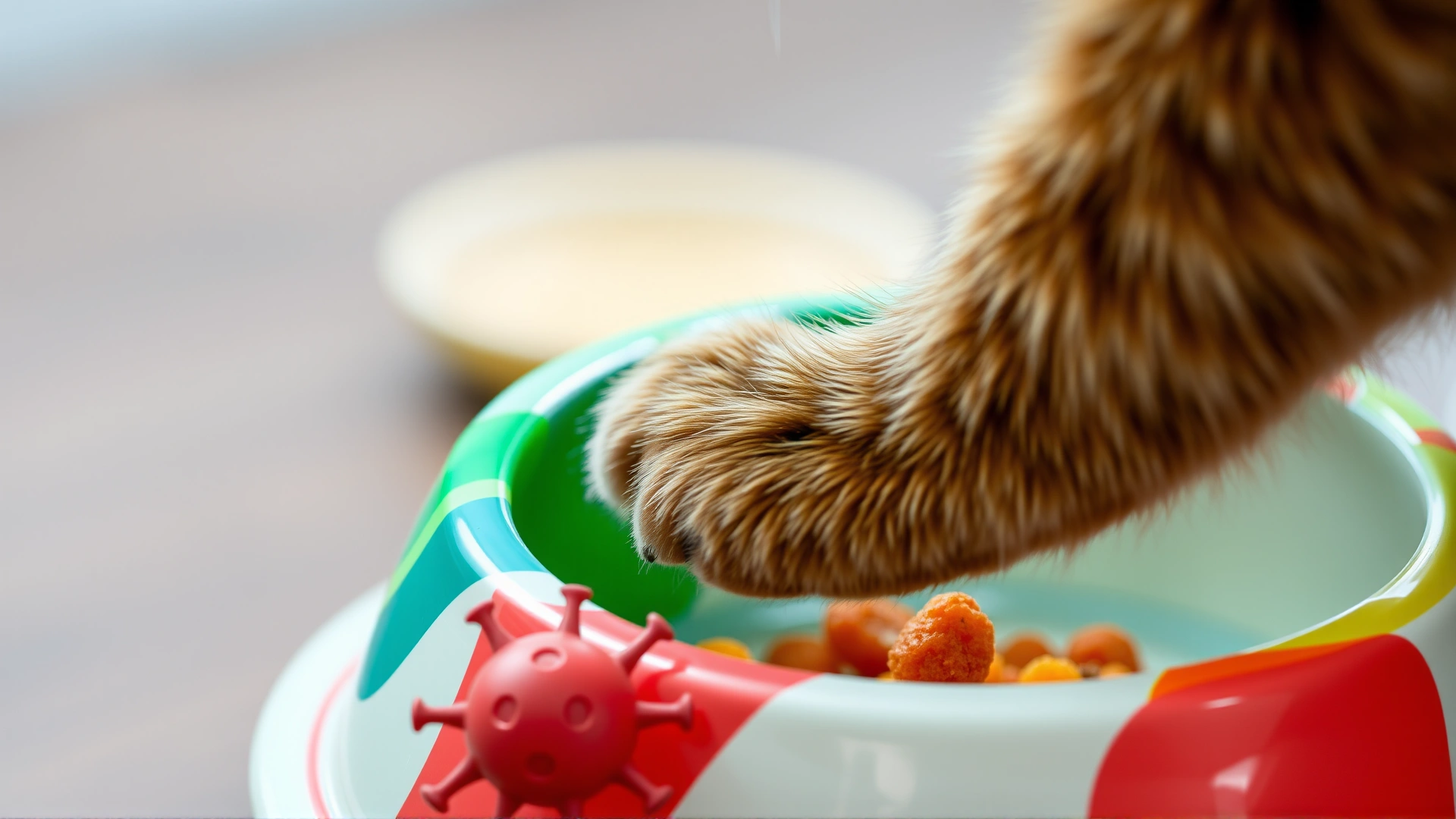 Cat paw touching a colorful plastic food dish, symbolizing contact allergens.