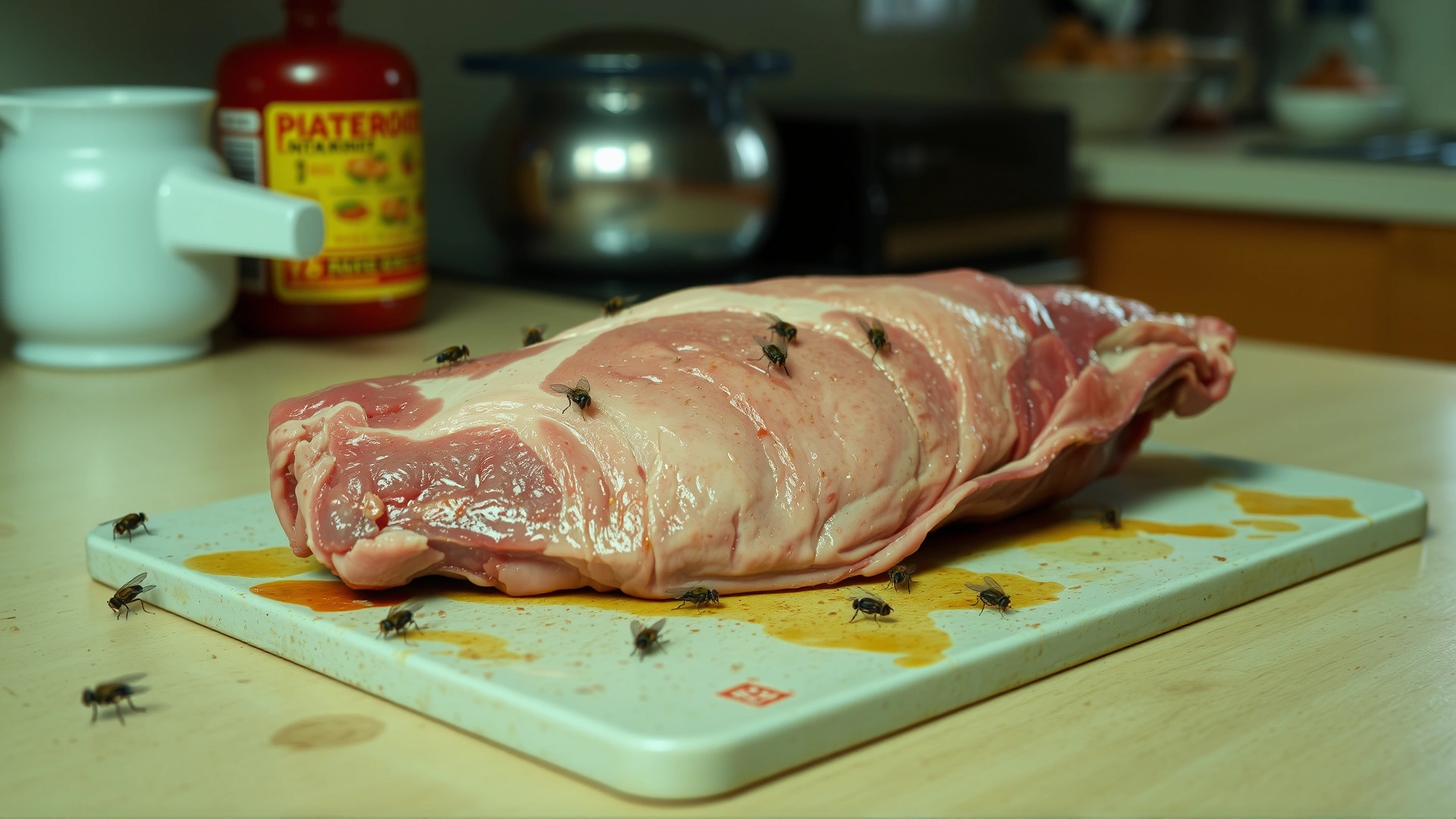 Raw meat left uncovered on a kitchen counter with flies around, representing a source of botulism.