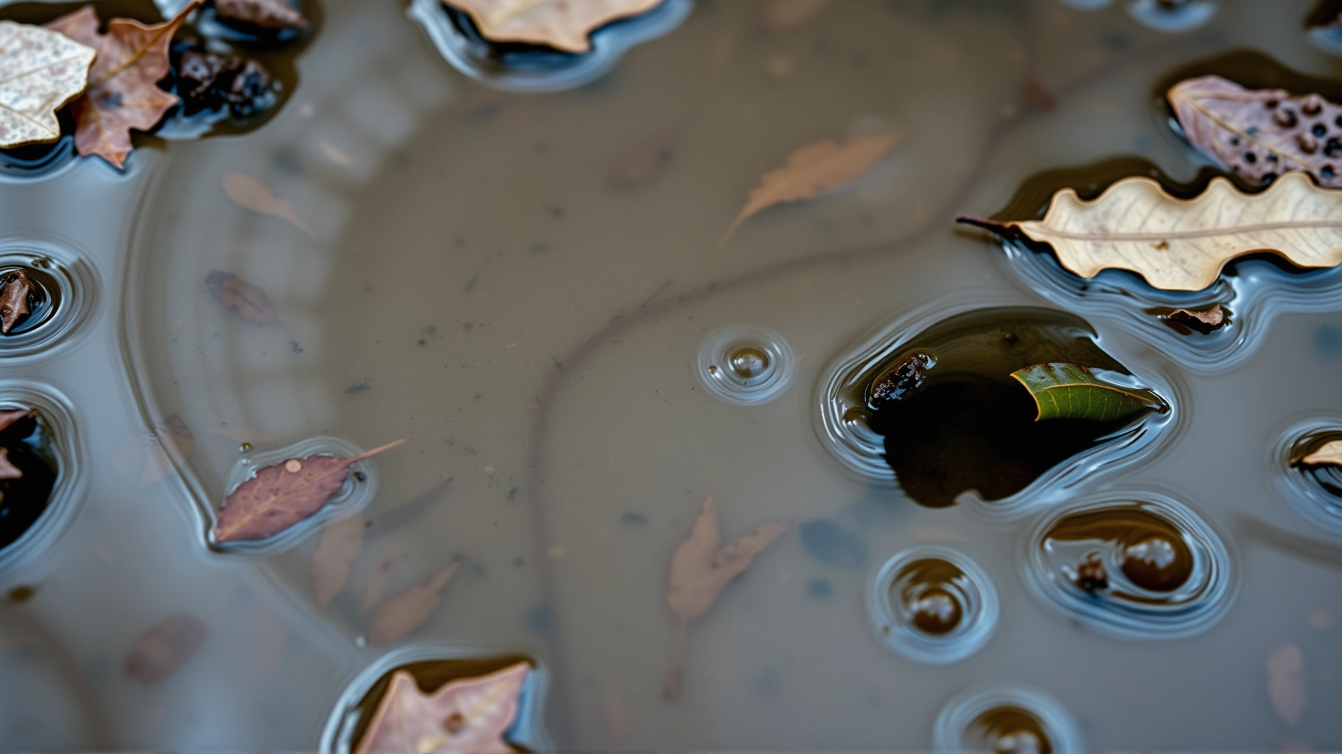 Close-up of muddy, stagnant water with fallen leaves and subtle ripples, evoking a natural environment where leptospira bacteria thrive