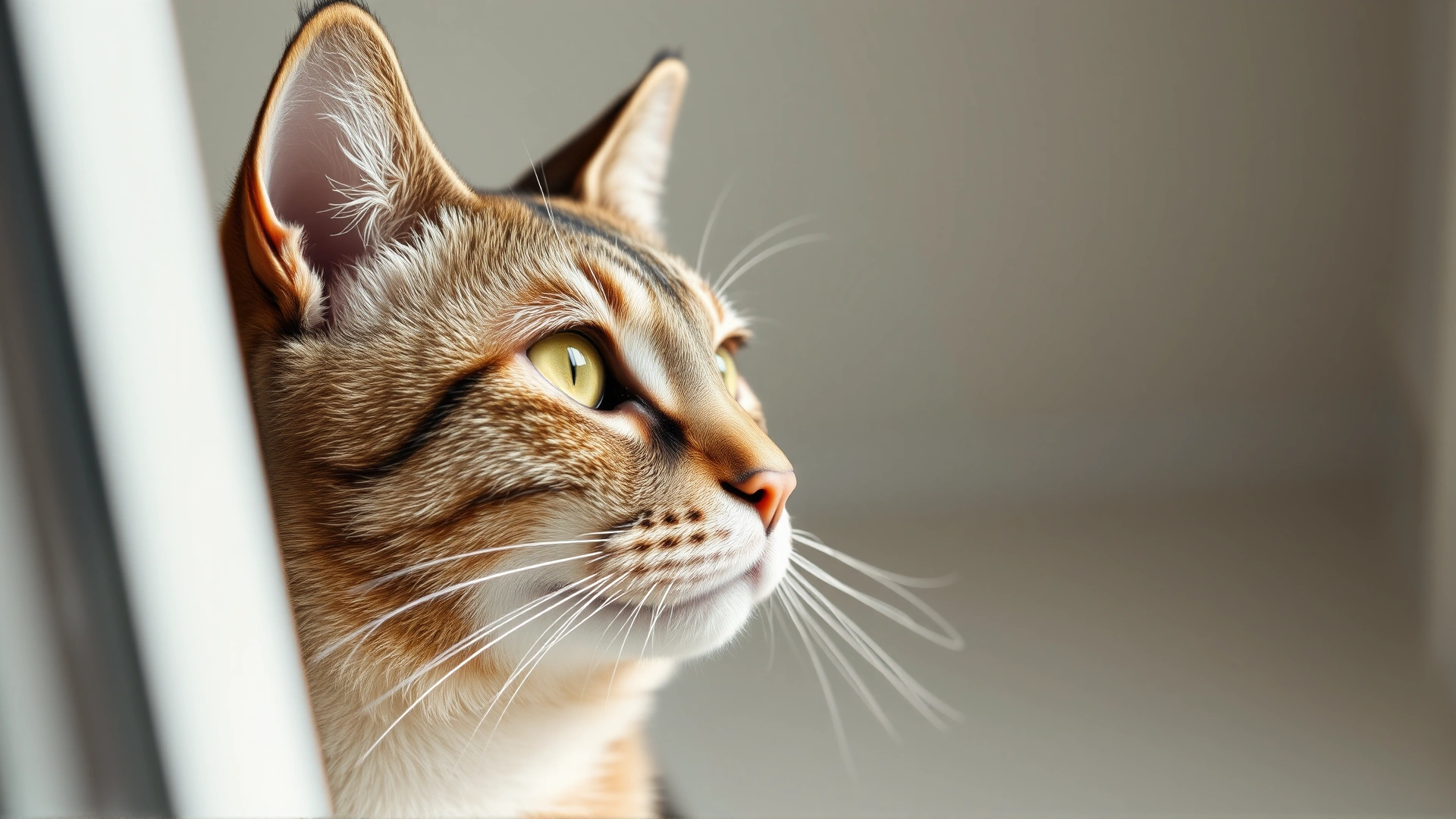 Close-up of a senior domestic short-haired cat gazing thoughtfully out of a window with gentle natural light.