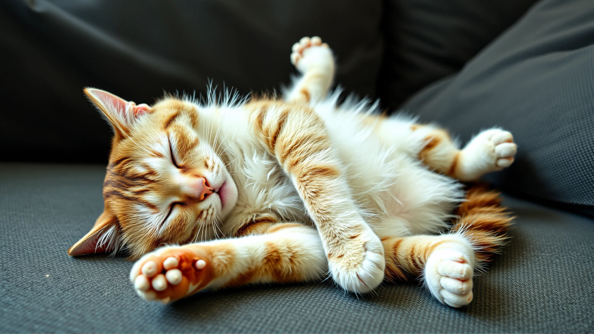 Cat sleeping in an unusually twisted upside-down position on a couch, showcasing feline flexibility.