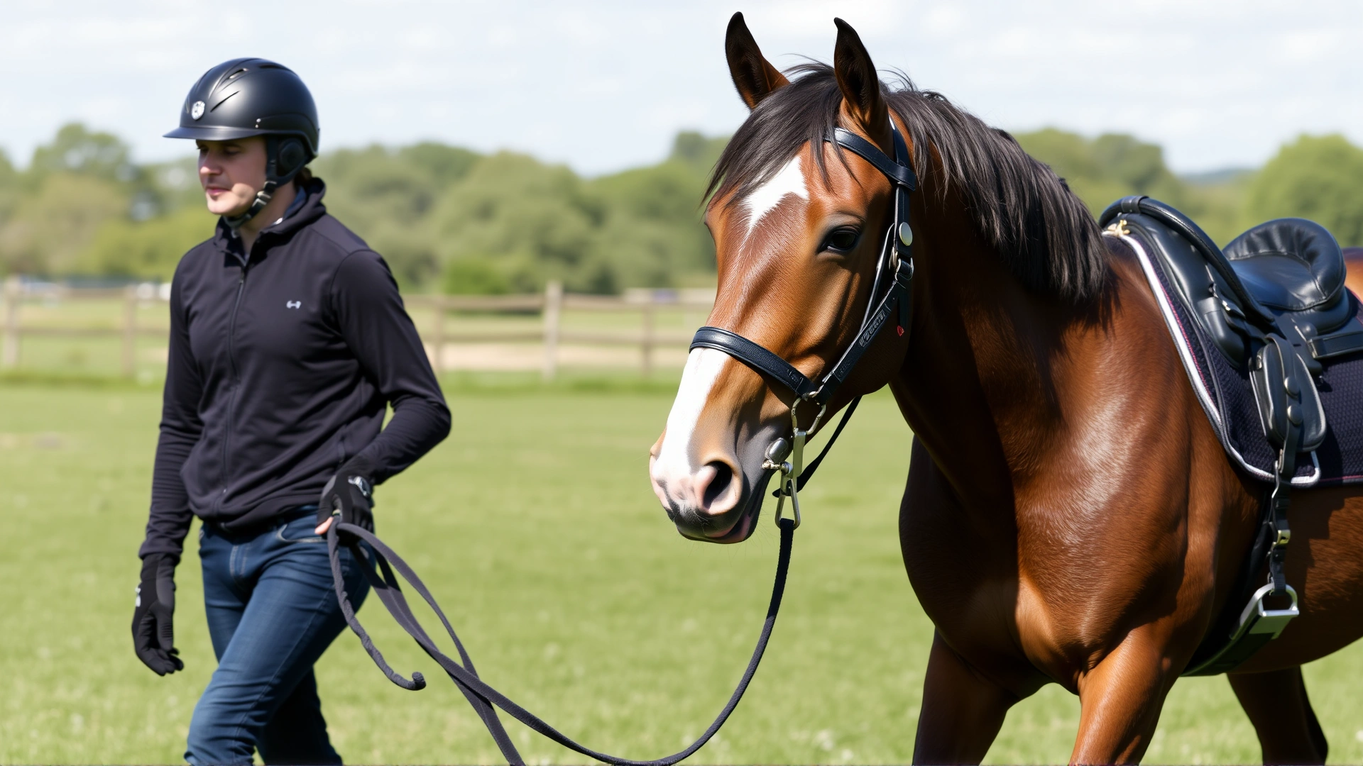 Handler wearing helmet and gloves walking a horse at a calm pace on a grassy paddock during a sunny day