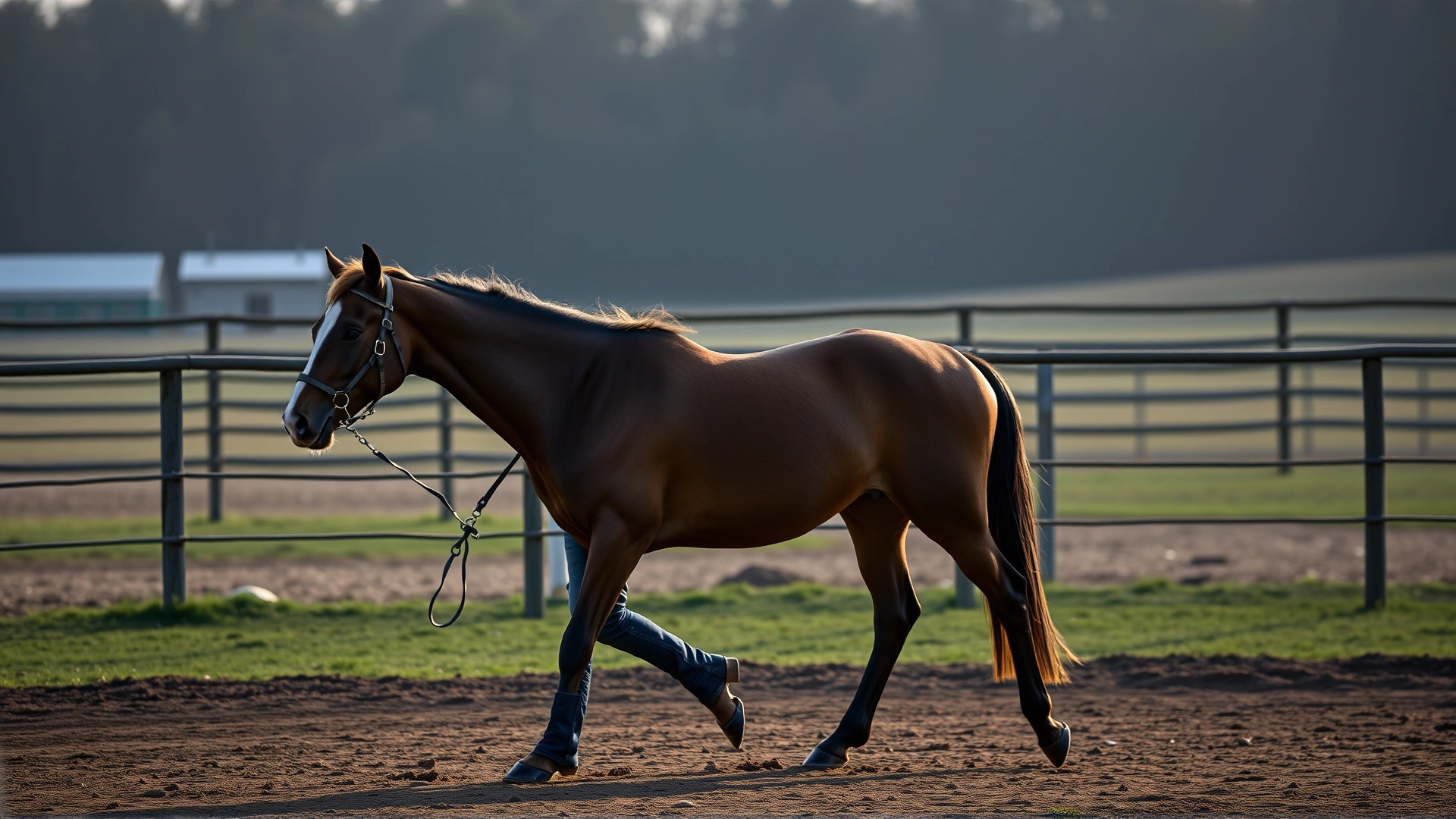 Trainer leading a yearling horse at a slow walk inside a round pen with soft footing, late afternoon light, no text