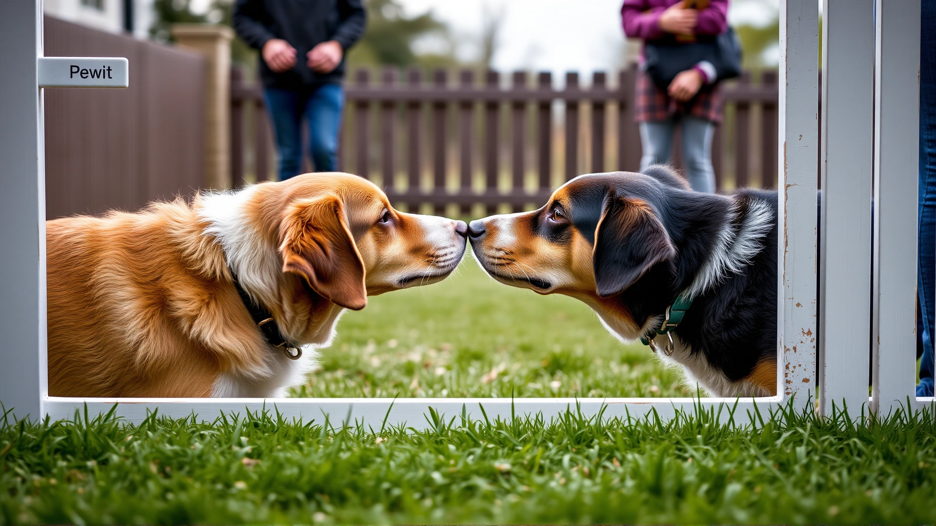 Two dogs meeting through a low fence or baby gate, calmly sniffing each other while their owners supervise.