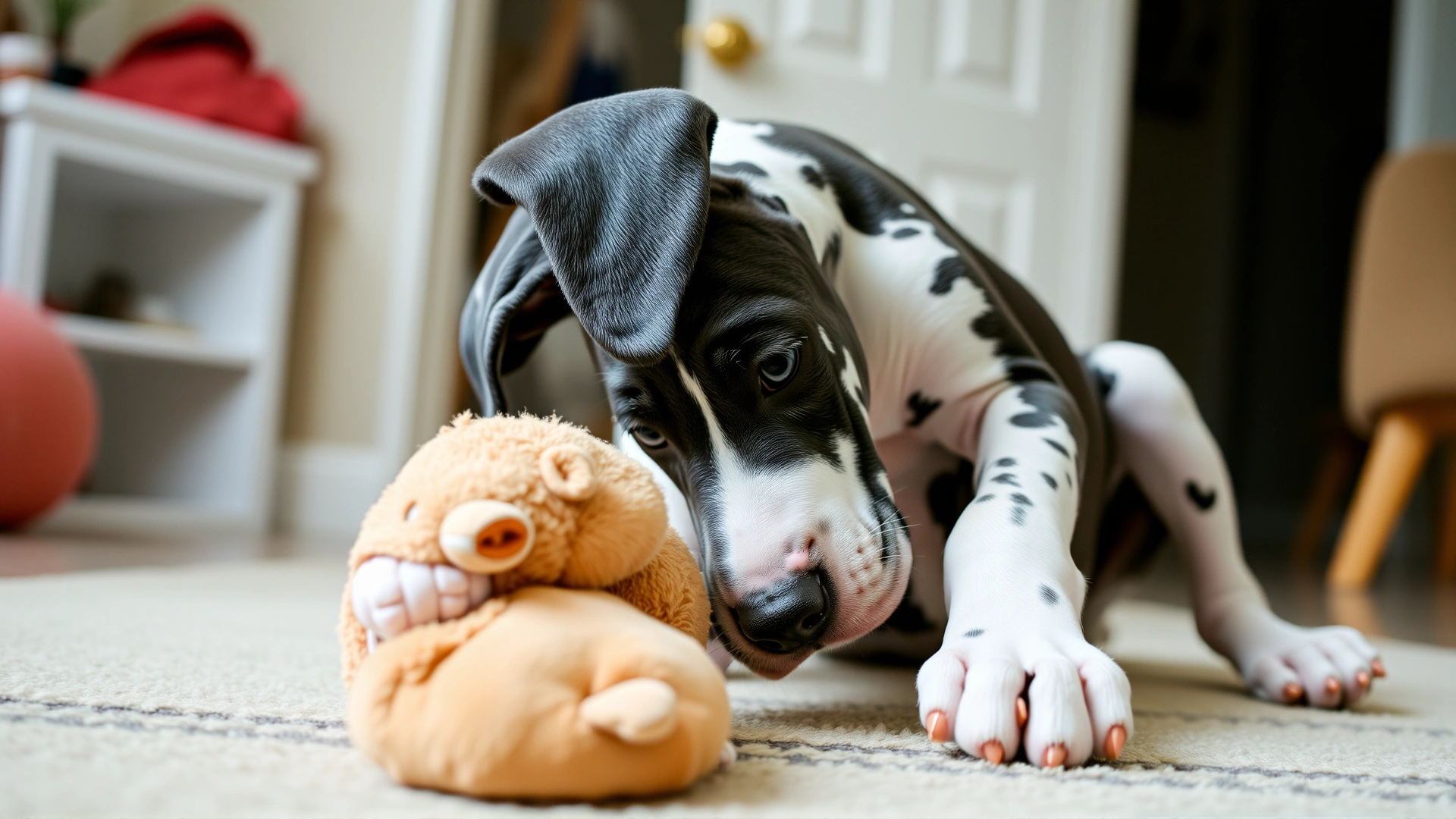 Great Dane puppy gently playing with a soft toy indoors while supervised.