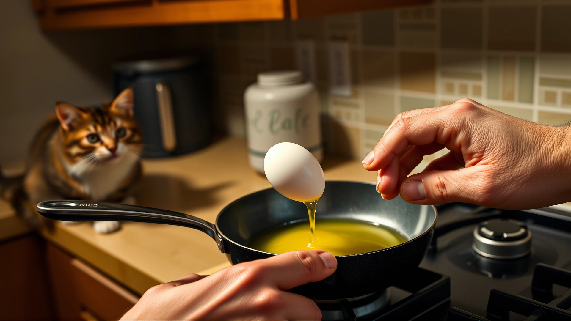 Hand cracking an egg into a small non-stick pan on a stove while an inquisitive cat watches from the countertop, warm kitchen lighting.