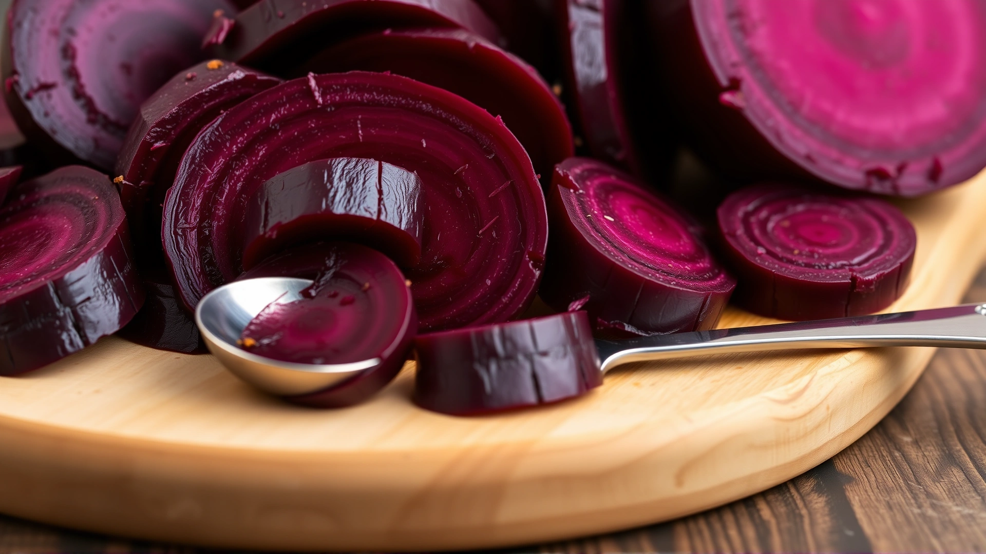 Close-up of sliced boiled beets on a wooden cutting board next to a measuring spoon, emphasizing portion control