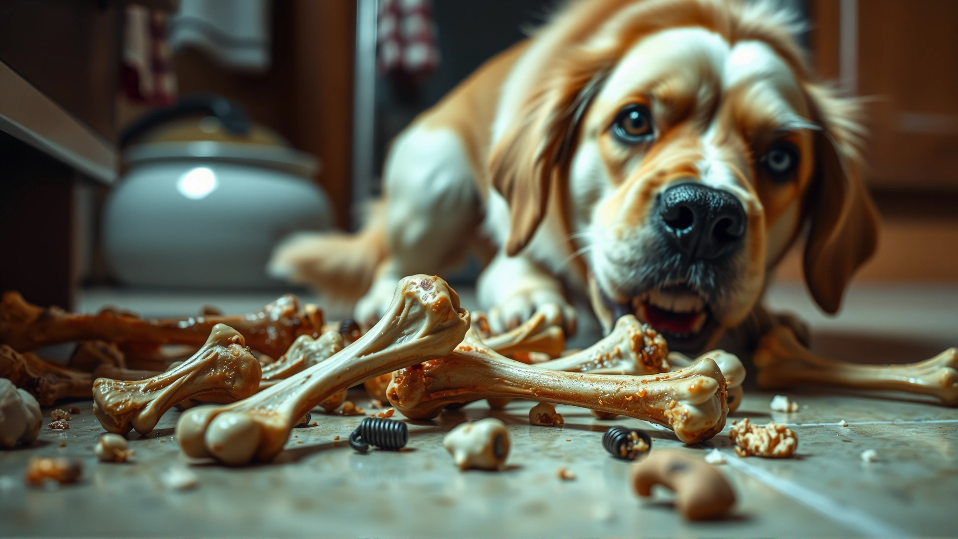 Close-up of cooked chicken bones scattered on a kitchen floor with a worried dog sniffing them in the background
