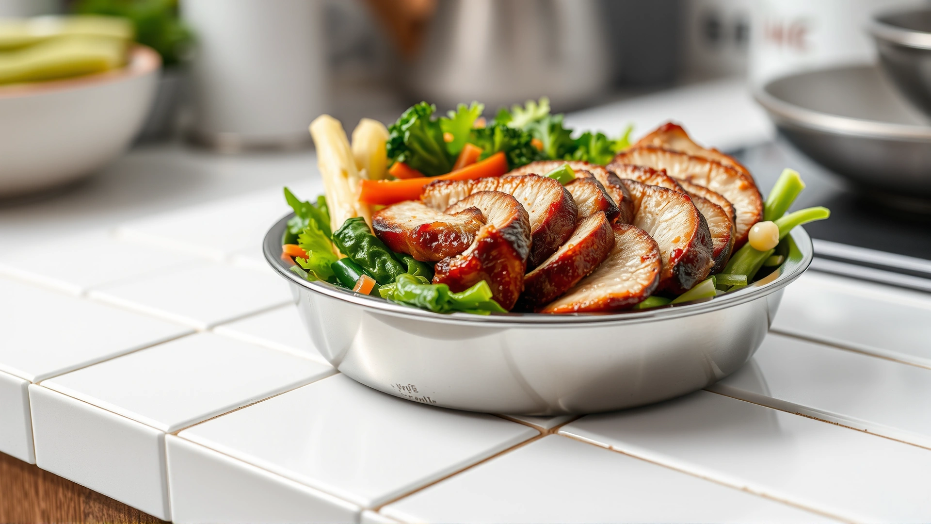 Stainless steel dog bowl filled with steamed vegetables and sliced cooked duck meat, placed on a kitchen counter with white tiles