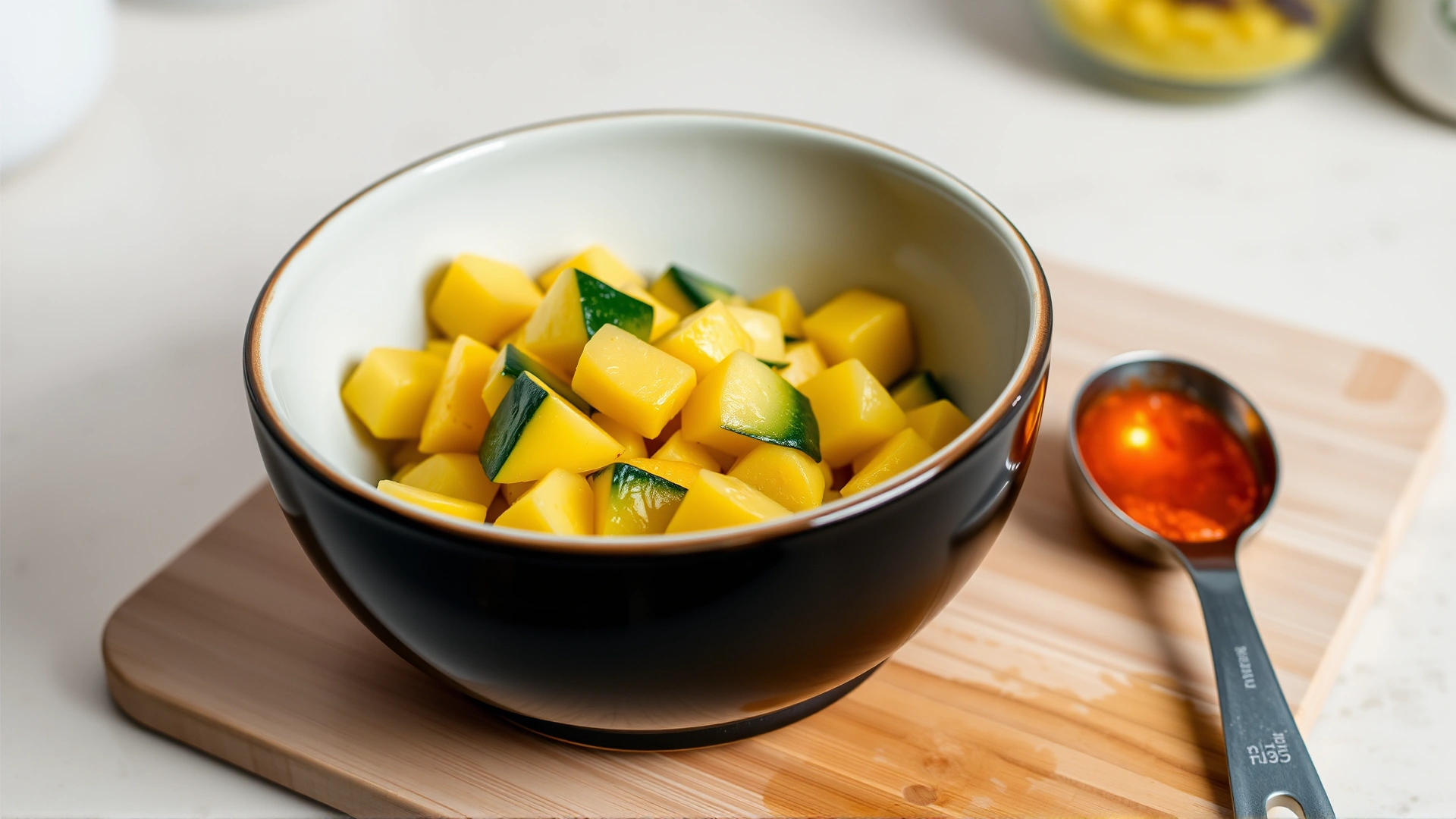Steamed diced squash pieces in a ceramic bowl placed next to a measuring spoon on a kitchen countertop.