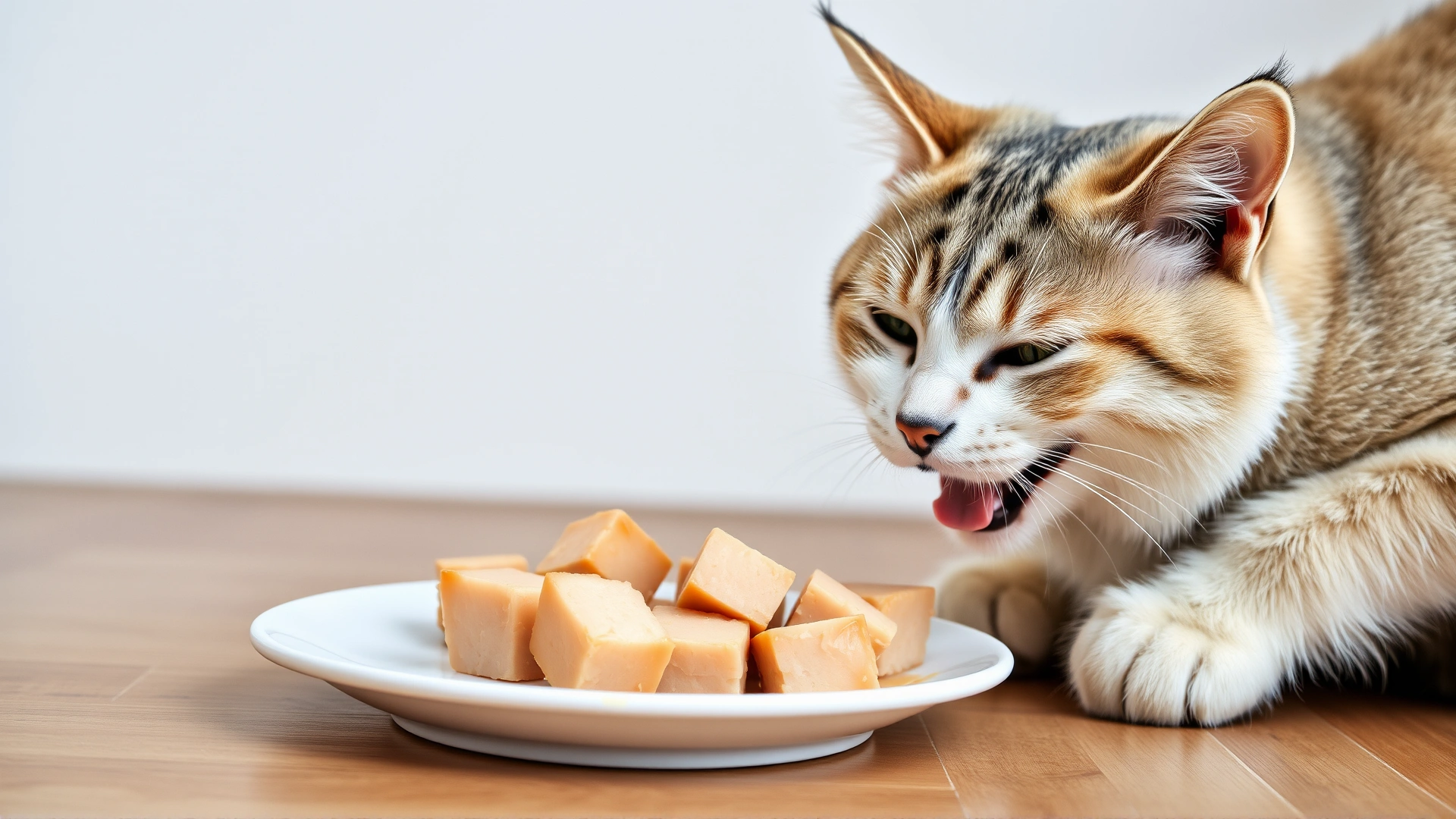 Domestic short-haired cat happily eating small cubes of plain cooked turkey from a white plate on the floor