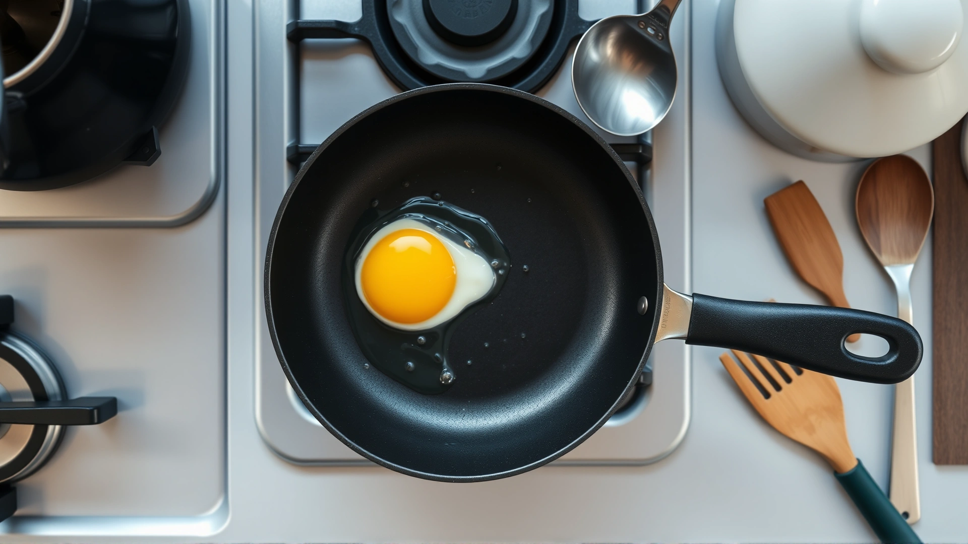 Overhead shot of a non-stick pan on a stovetop with a freshly cooked plain scrambled egg, no butter or oil visible, kitchen utensils neatly arranged around.