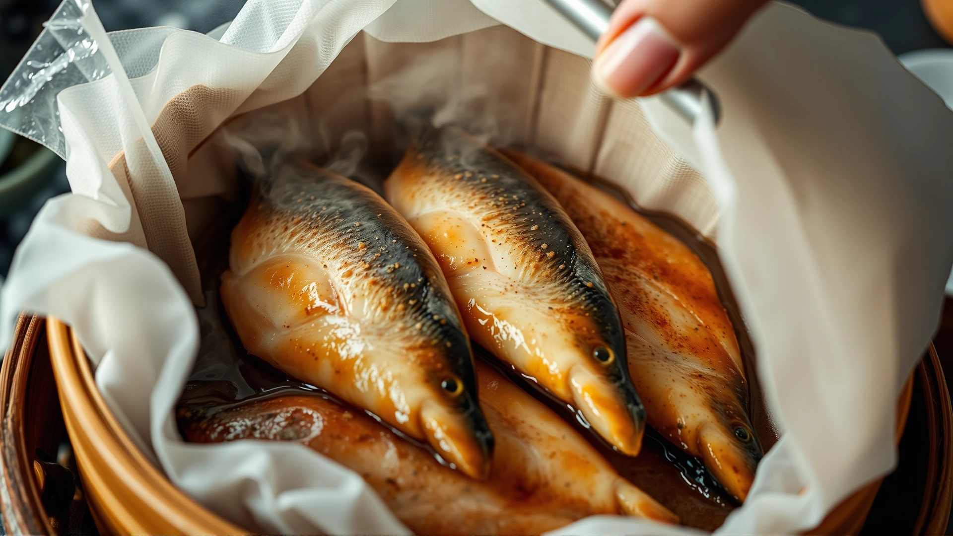 Close-up of a steaming basket with fish fillets being gently steamed, human hand lifting the lid, no seasoning visible