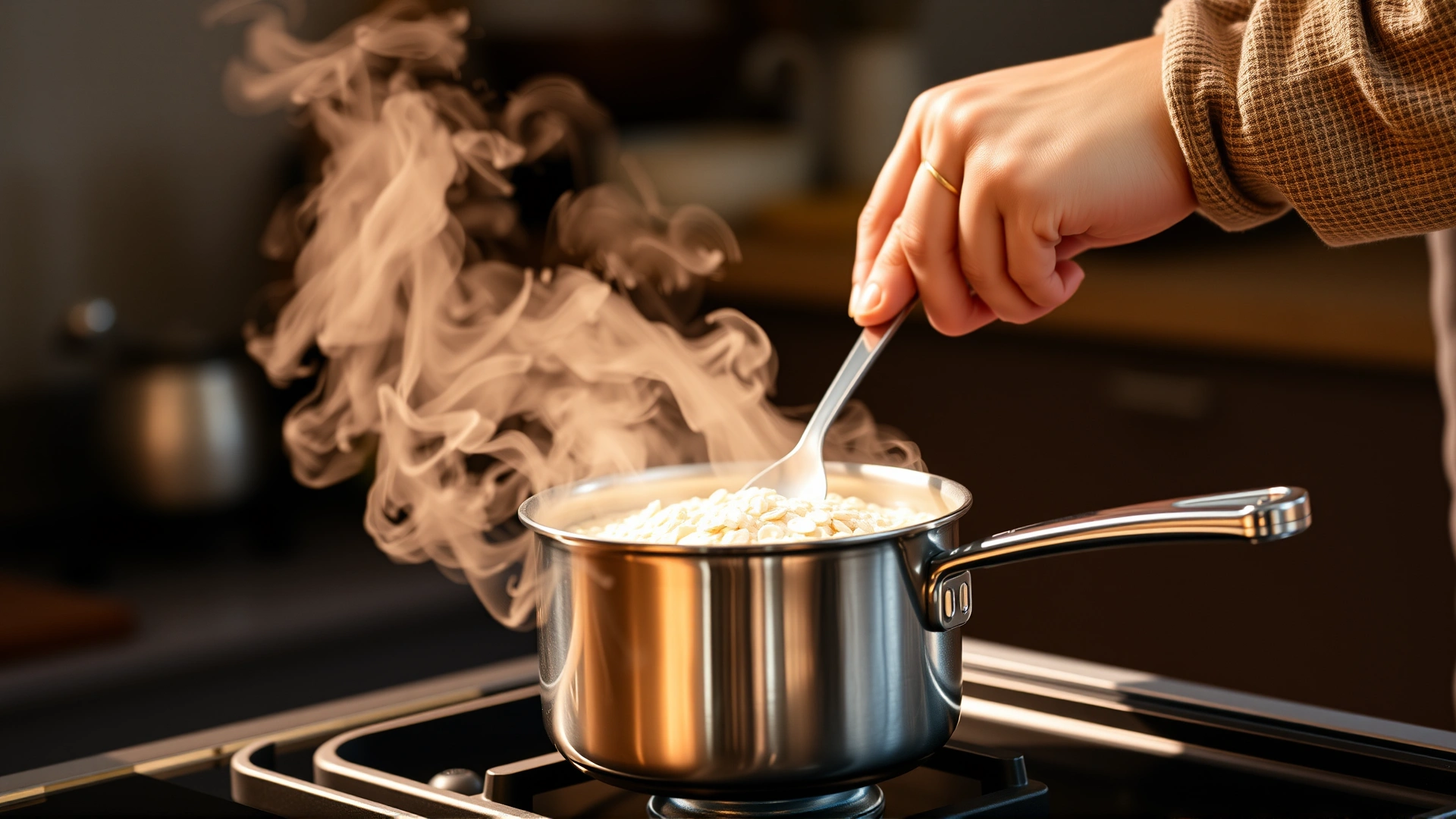 Owner stirring oatmeal in a small stainless-steel saucepan on a stovetop with gentle steam rising, warm kitchen light, focus on hands and pan