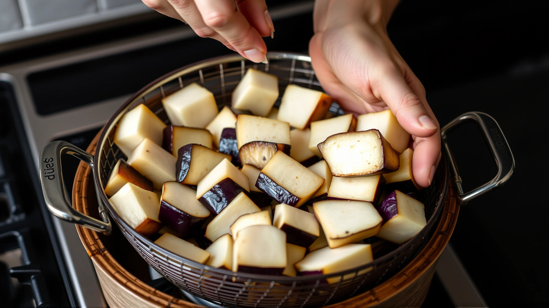 Hands placing plain eggplant cubes into a steamer basket on a stovetop, no seasoning visible.