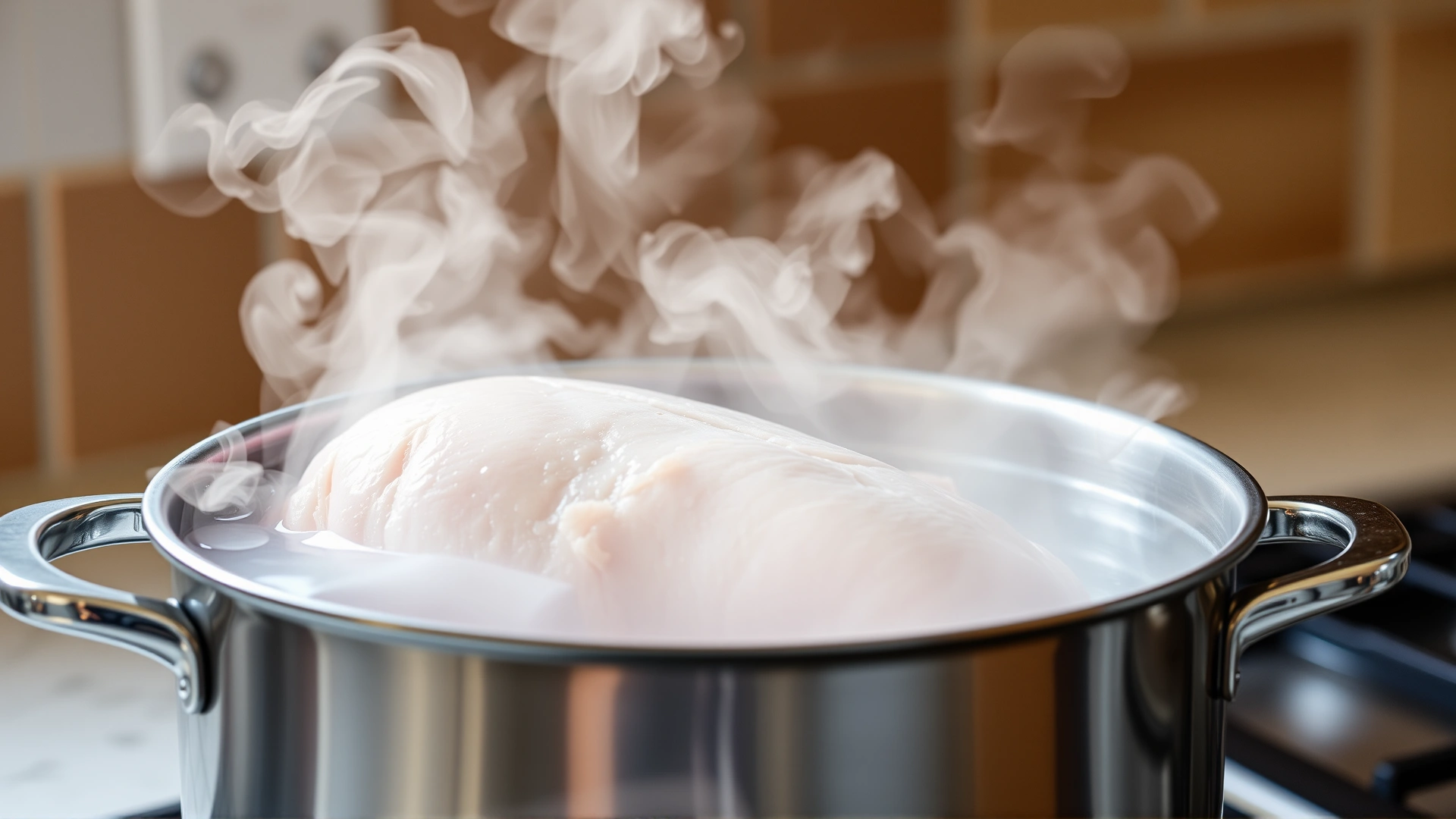 Steam rising from a stainless steel pot where plain, skinless turkey breast is being boiled, kitchen countertop background.