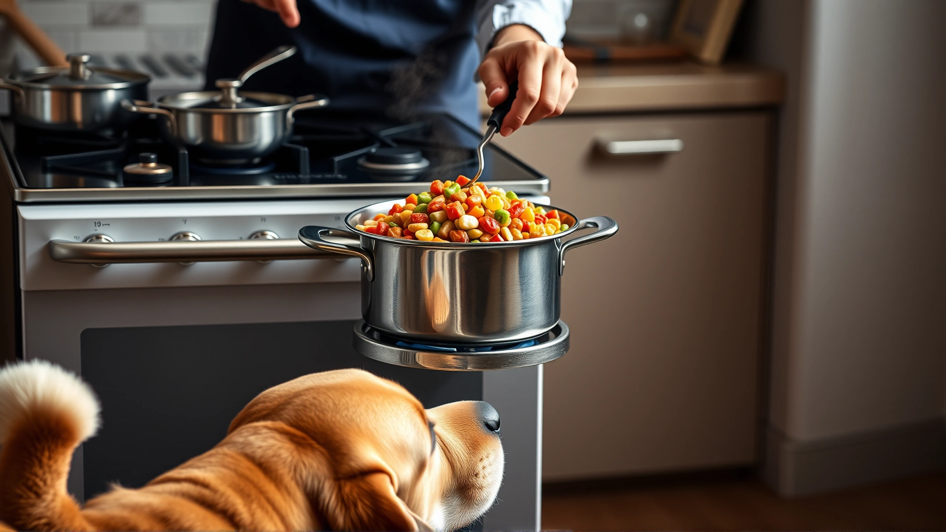 Person stirring a stainless-steel pot of colorful dog food on a stovetop with a curious Labrador watching from the floor