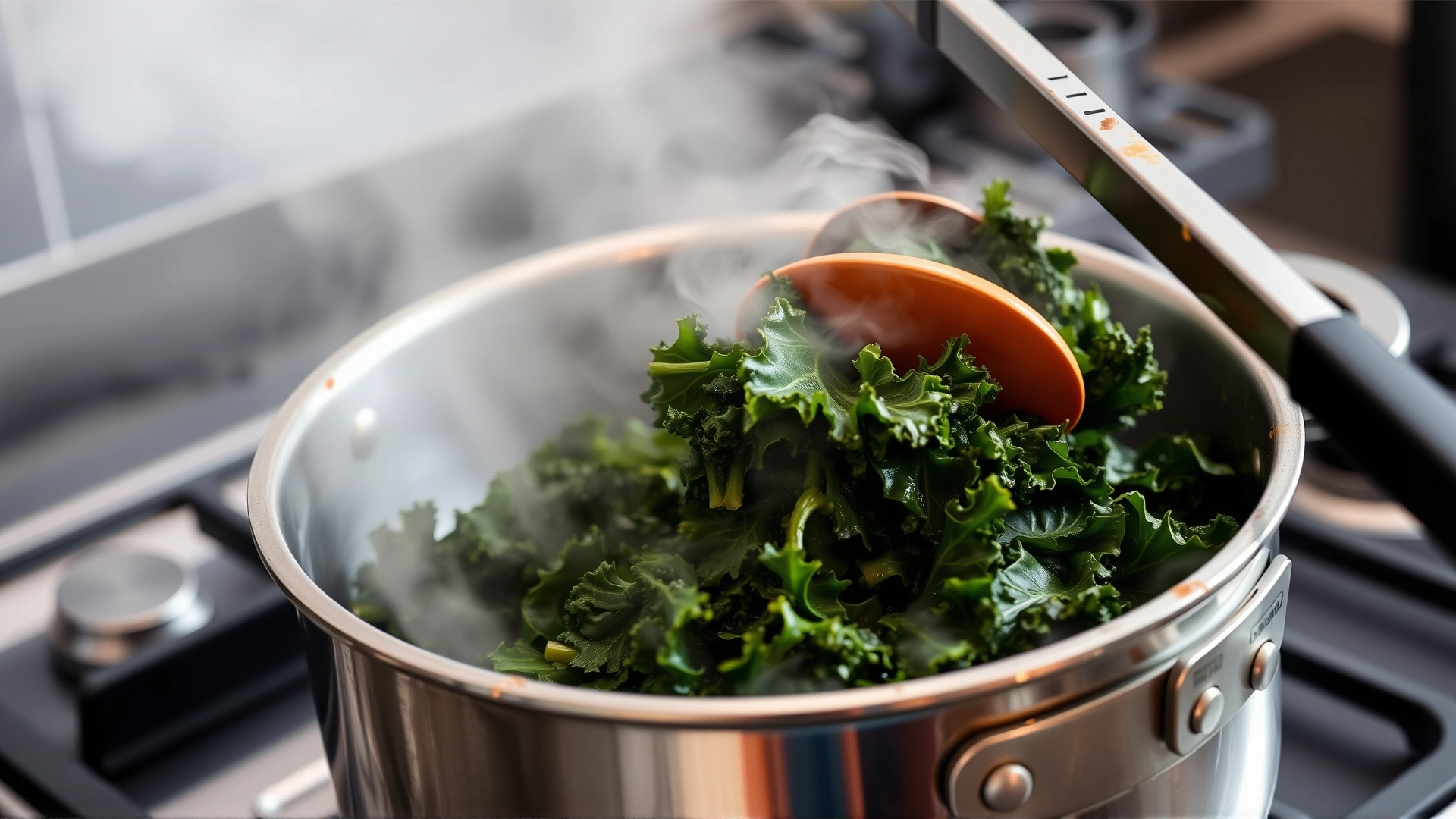 Steam rising from a pot of lightly cooked kale leaves on a stovetop, close-up of tongs lifting the greens, no text